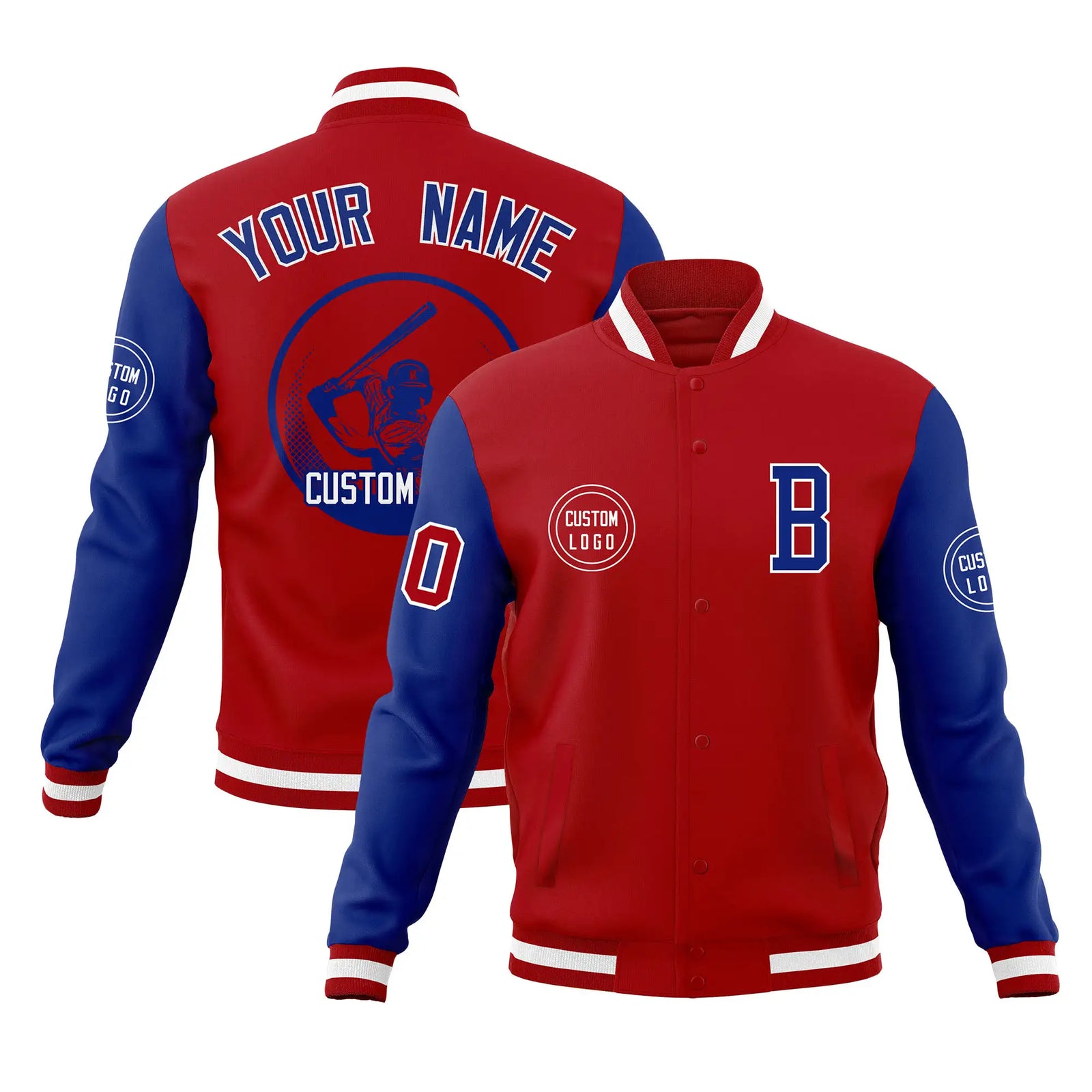 Custom Red Royal Blue Bomber Full-Snap Varsity Letterman Two Tone Jacket