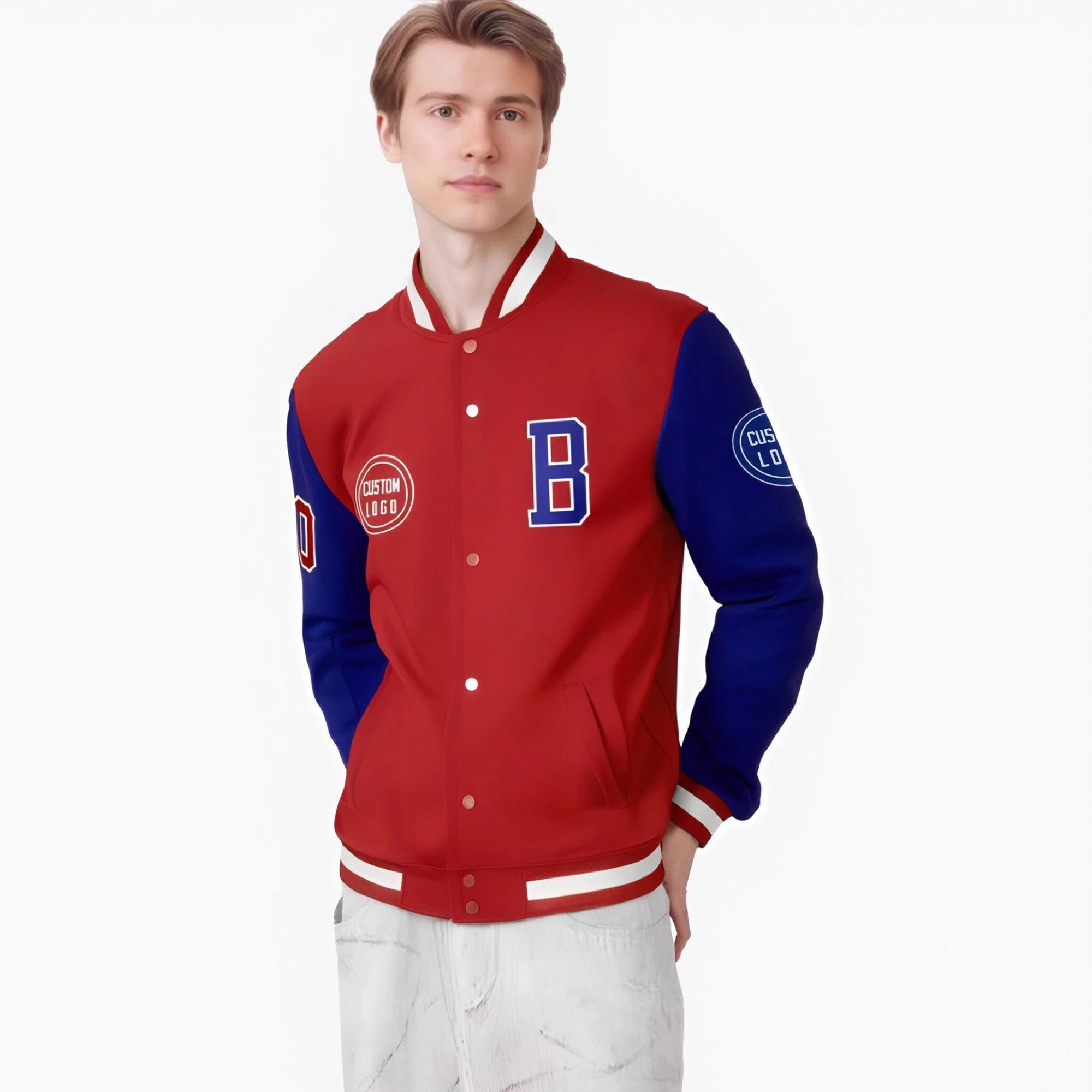 Custom Red Royal Blue Bomber Full-Snap Varsity Letterman Two Tone Jacket