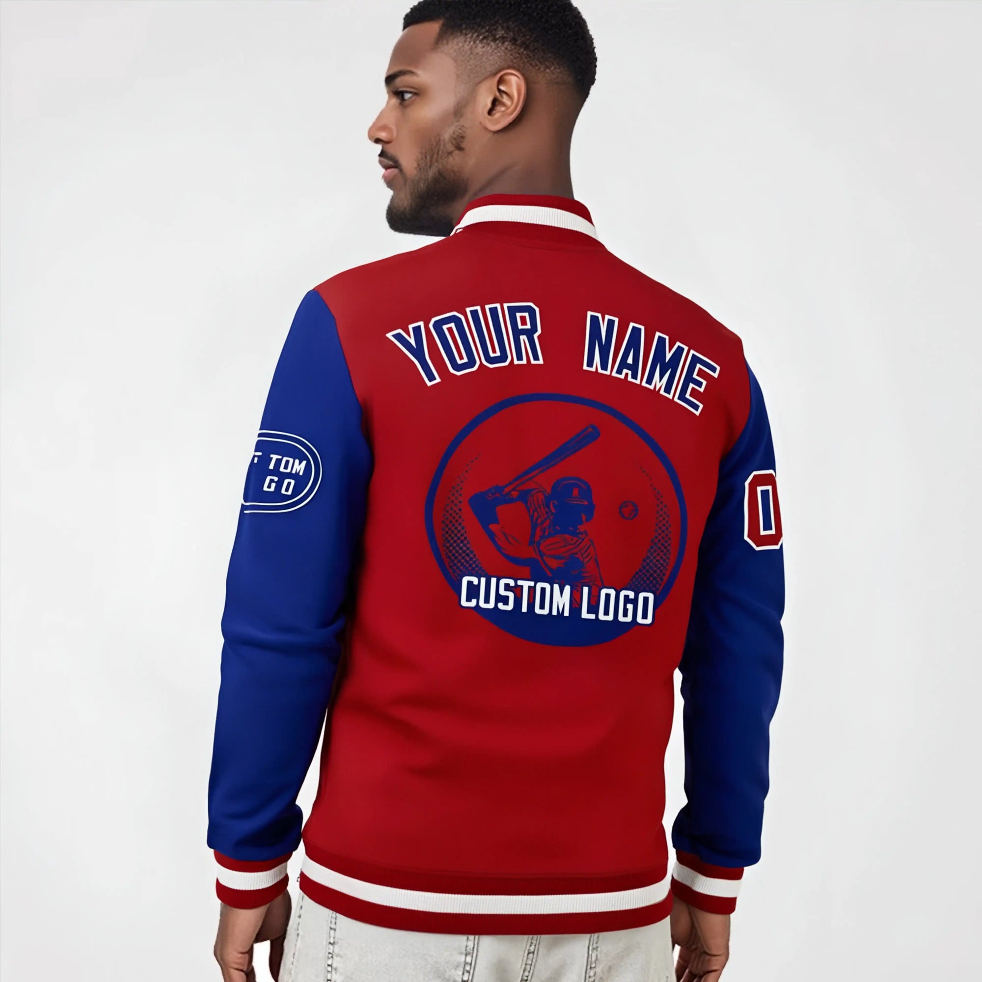 Custom Red Royal Blue Bomber Full-Snap Varsity Letterman Two Tone Jacket