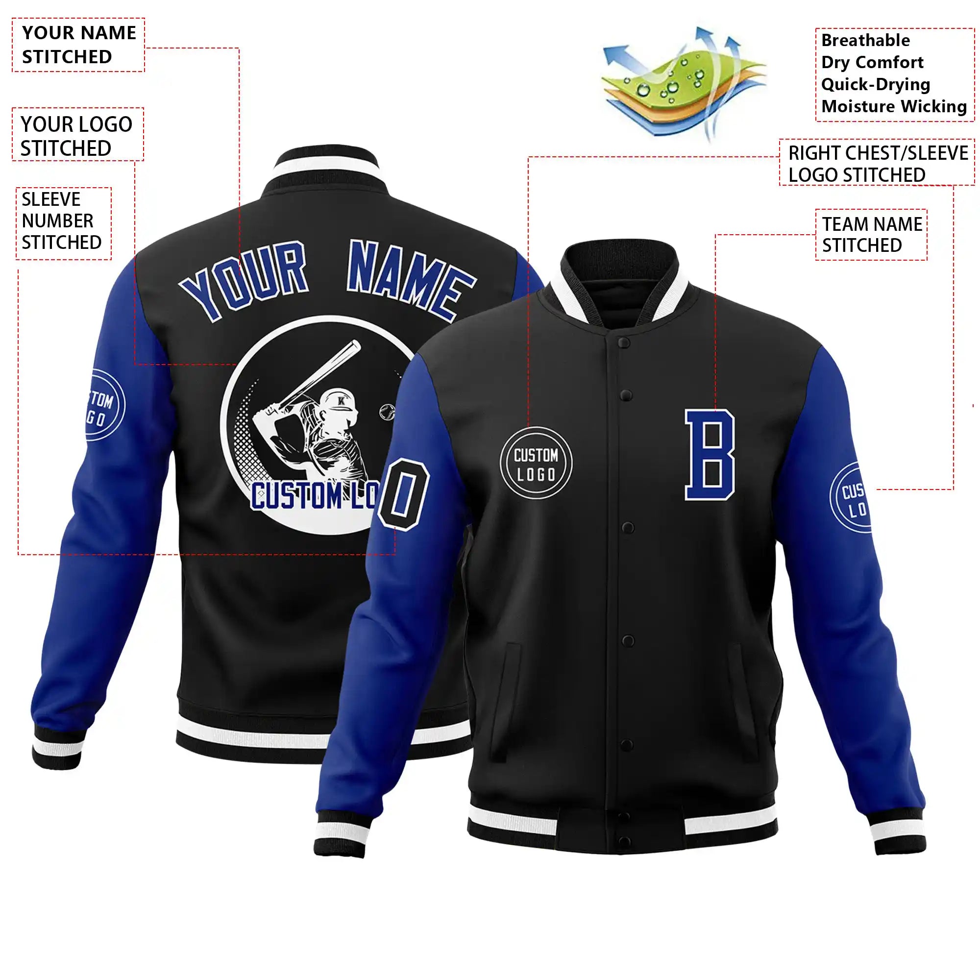 Custom Black Royal Blue Bomber Full-Snap Varsity Letterman Two Tone Jacket