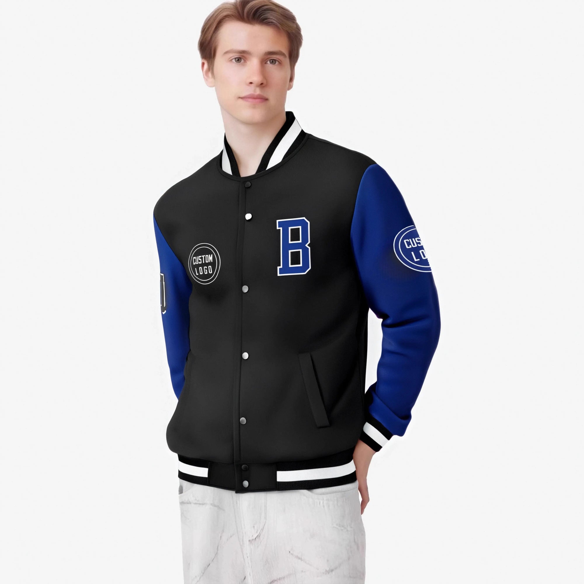 Custom Black Royal Blue Bomber Full-Snap Varsity Letterman Two Tone Jacket