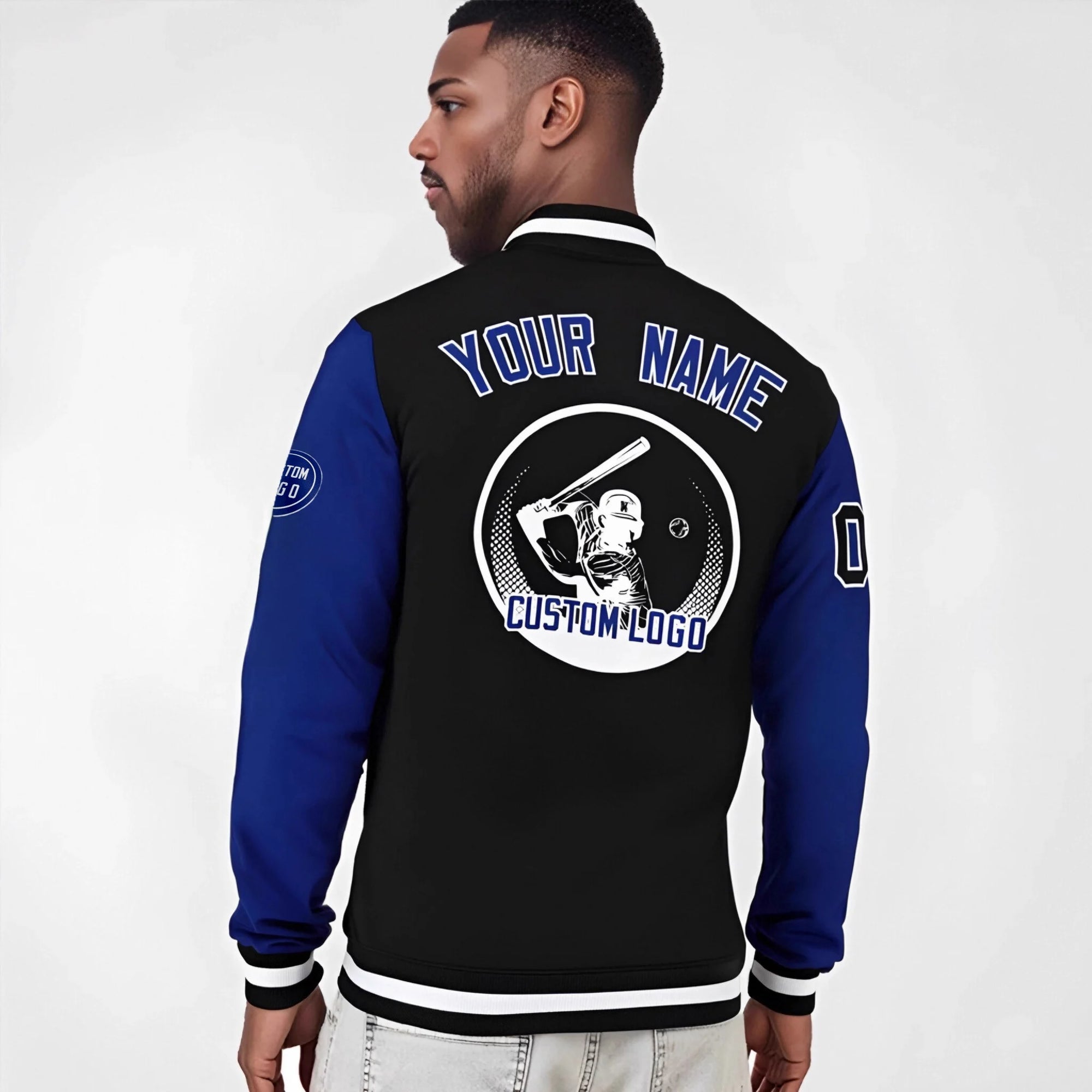 Custom Black Royal Blue Bomber Full-Snap Varsity Letterman Two Tone Jacket