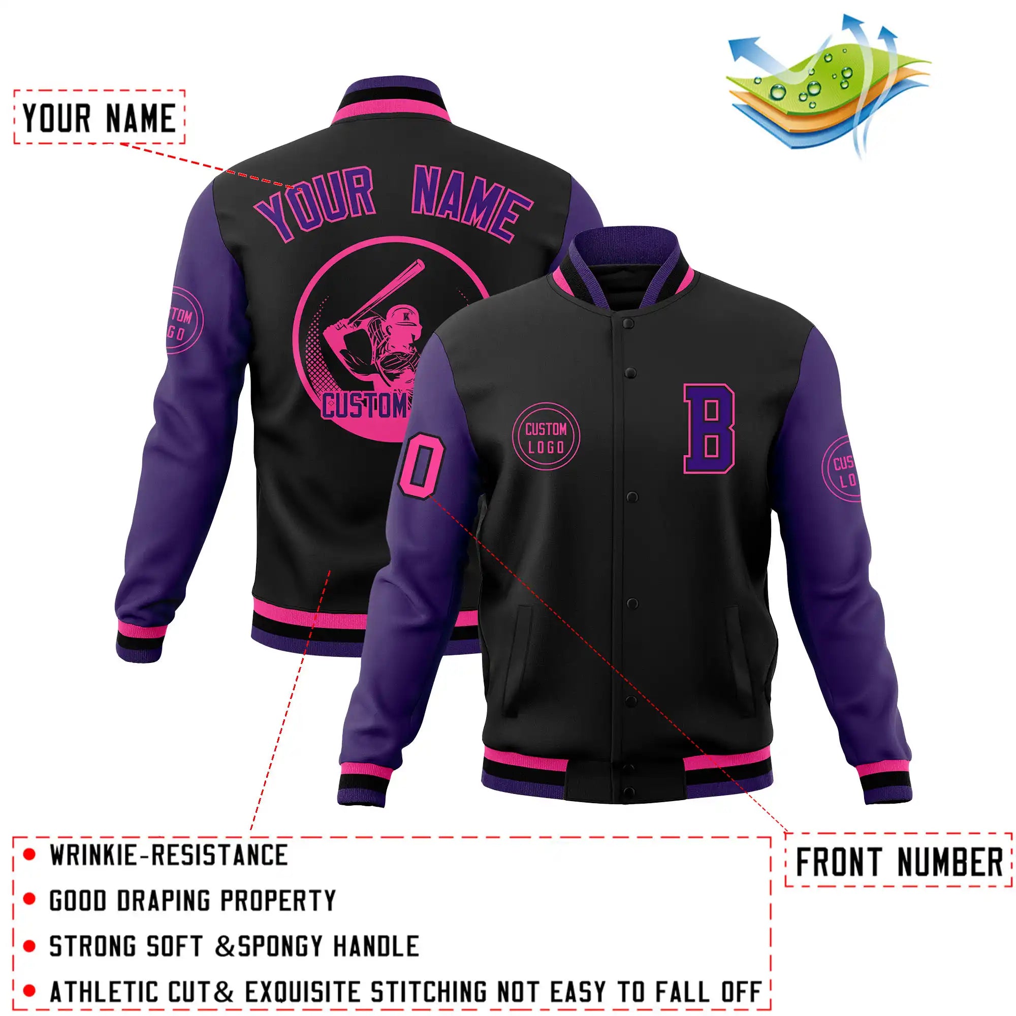 Custom Black Purple Bomber Full-Snap Varsity Letterman Two Tone Jacket