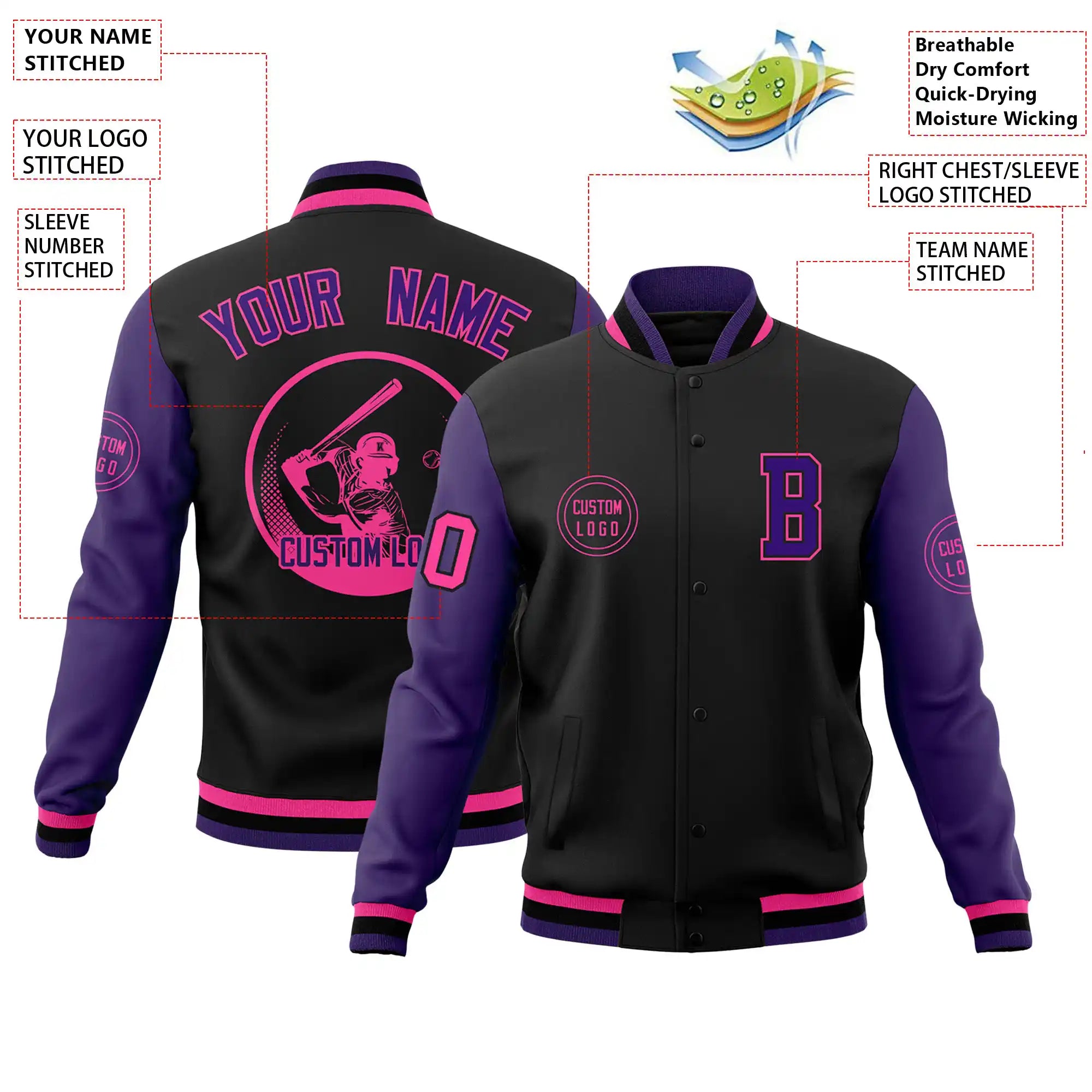 Custom Black Purple Bomber Full-Snap Varsity Letterman Two Tone Jacket