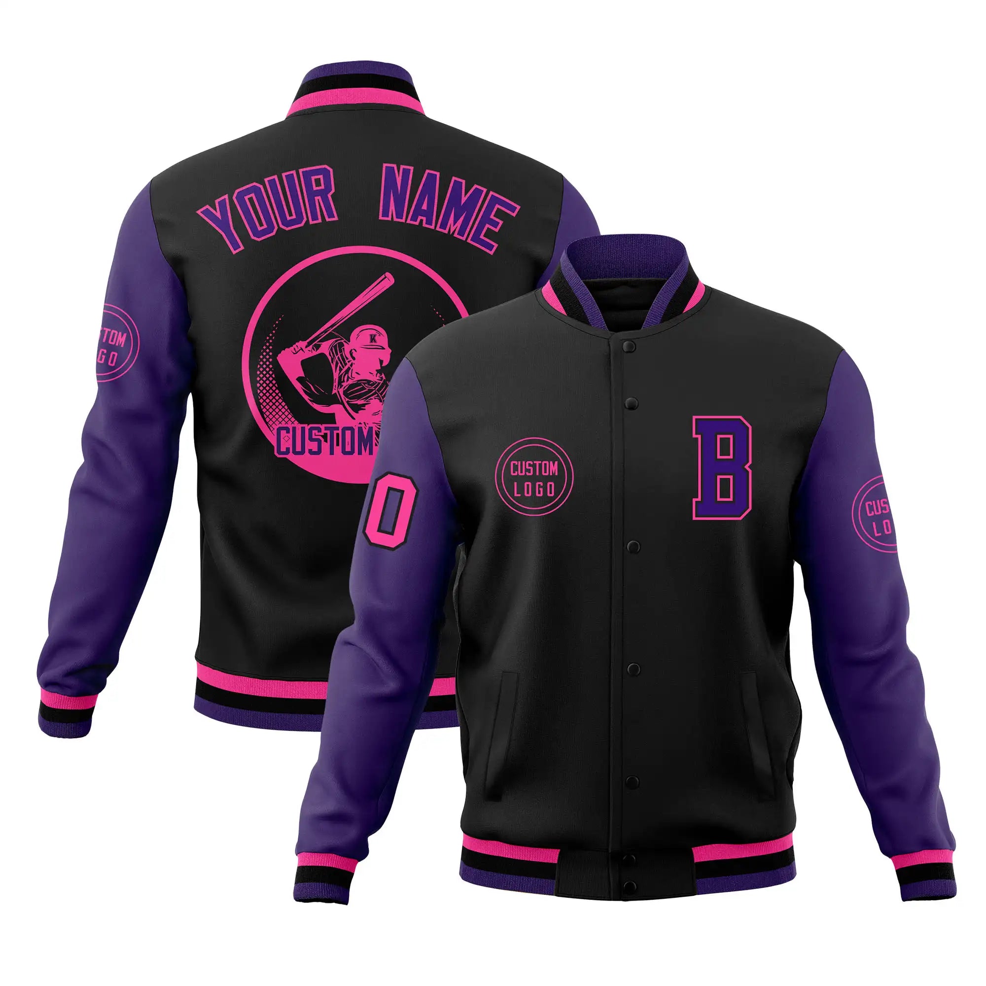 Custom Black Purple Bomber Full-Snap Varsity Letterman Two Tone Jacket