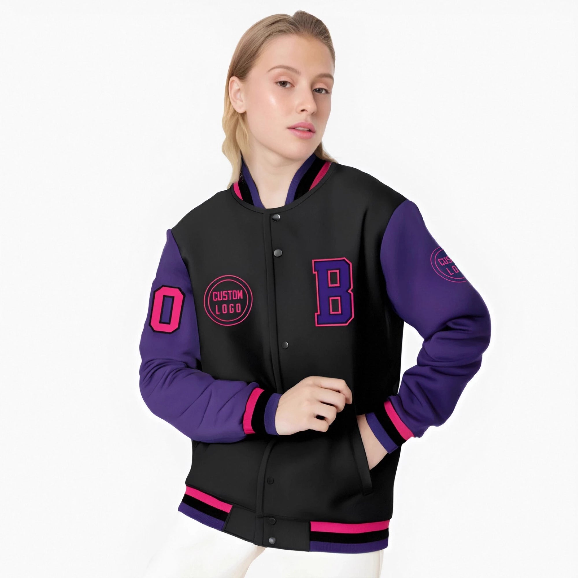 Custom Black Purple Bomber Full-Snap Varsity Letterman Two Tone Jacket