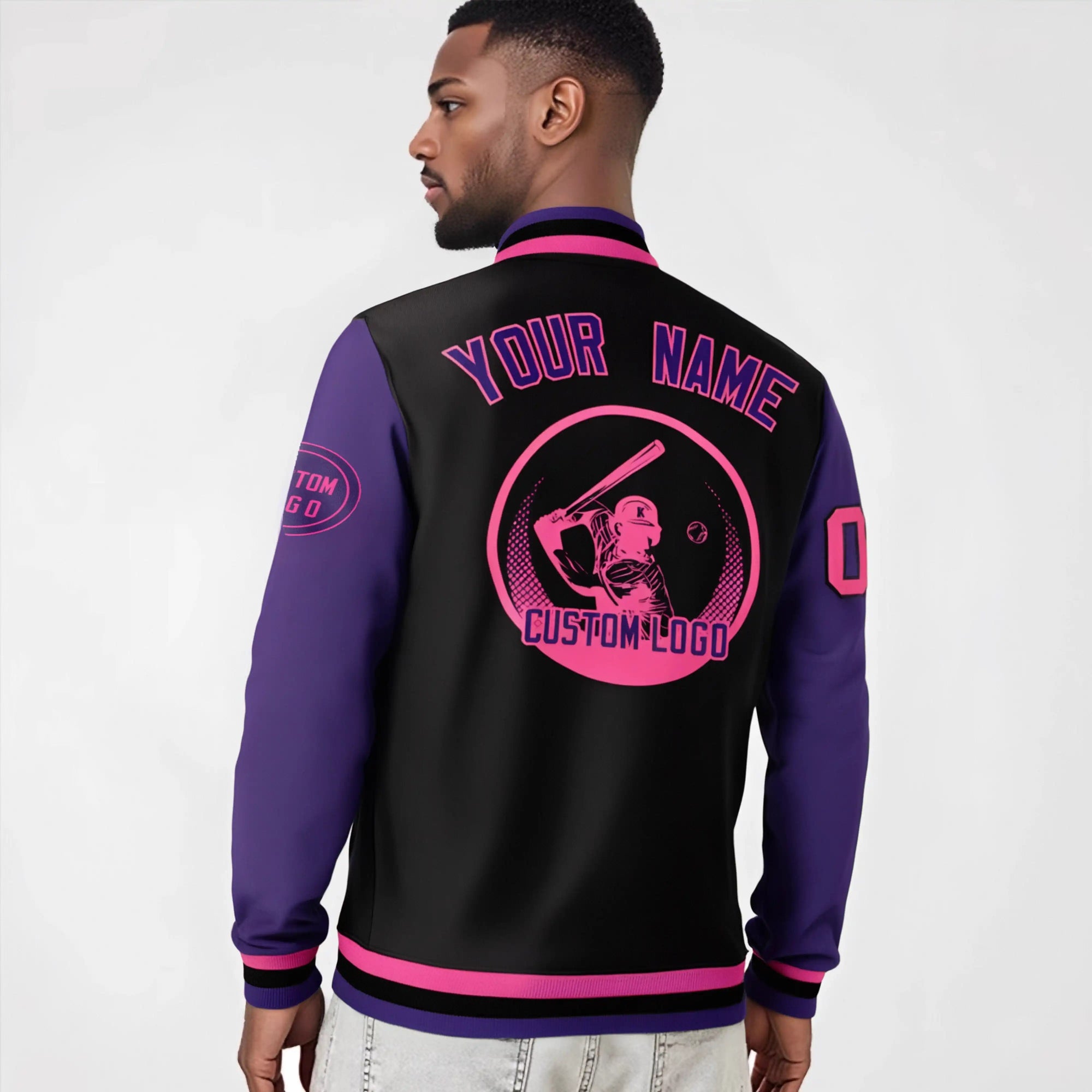 Custom Black Purple Bomber Full-Snap Varsity Letterman Two Tone Jacket