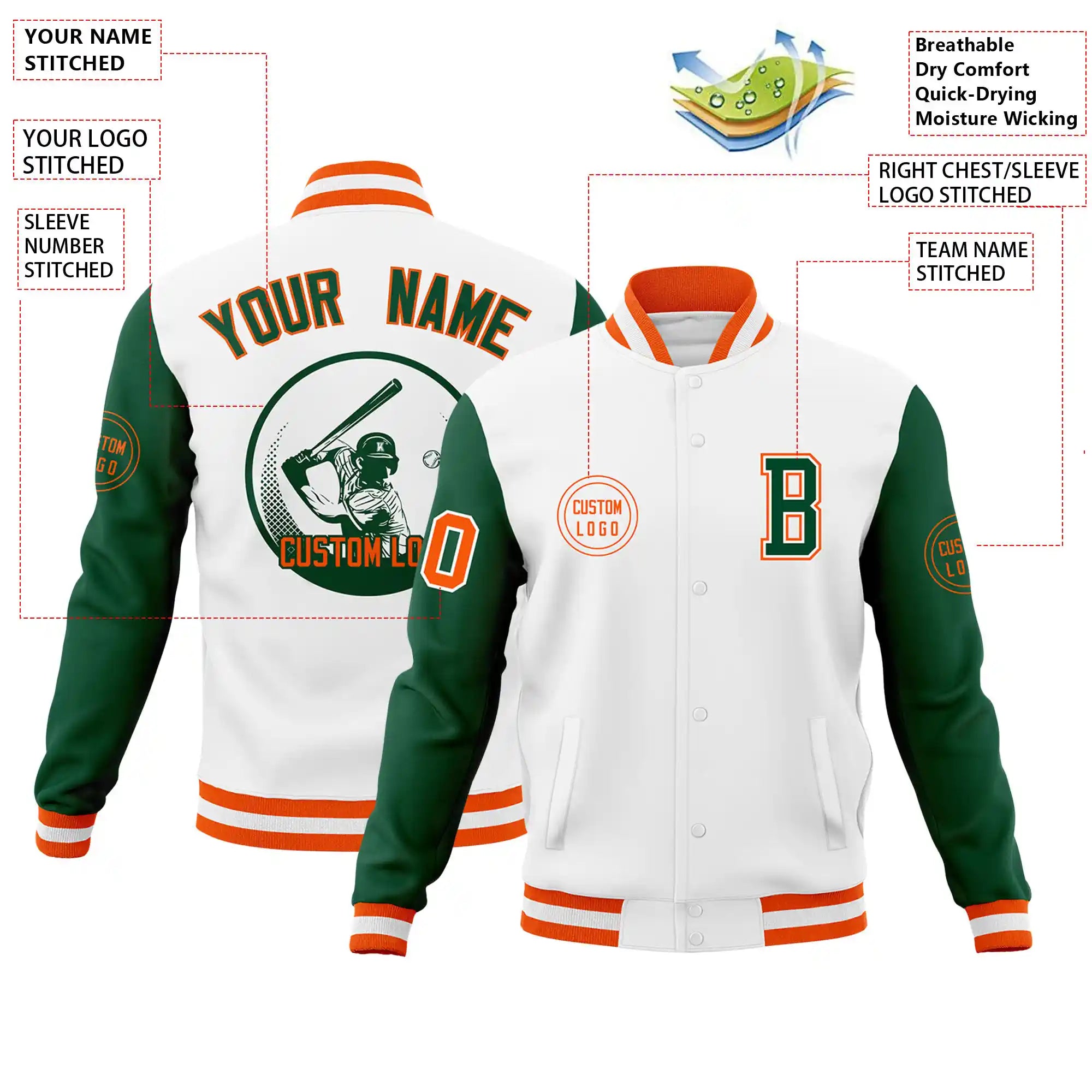 Custom White Green Bomber Full-Snap Varsity Letterman Two Tone Jacket