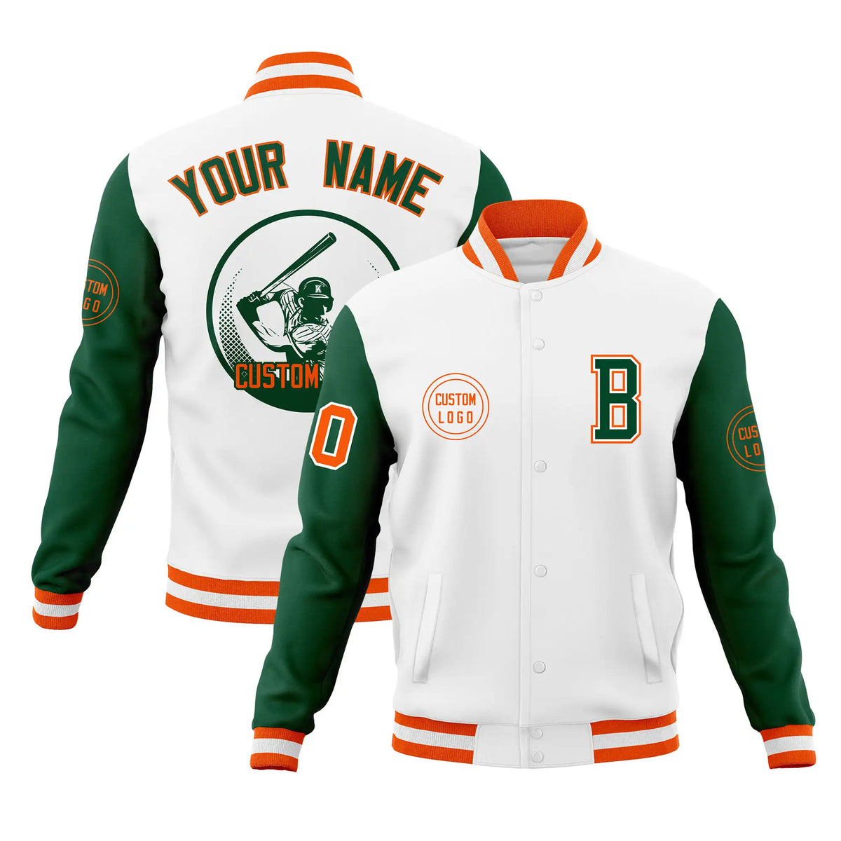 Custom White Green Bomber Full-Snap Varsity Letterman Two Tone Jacket