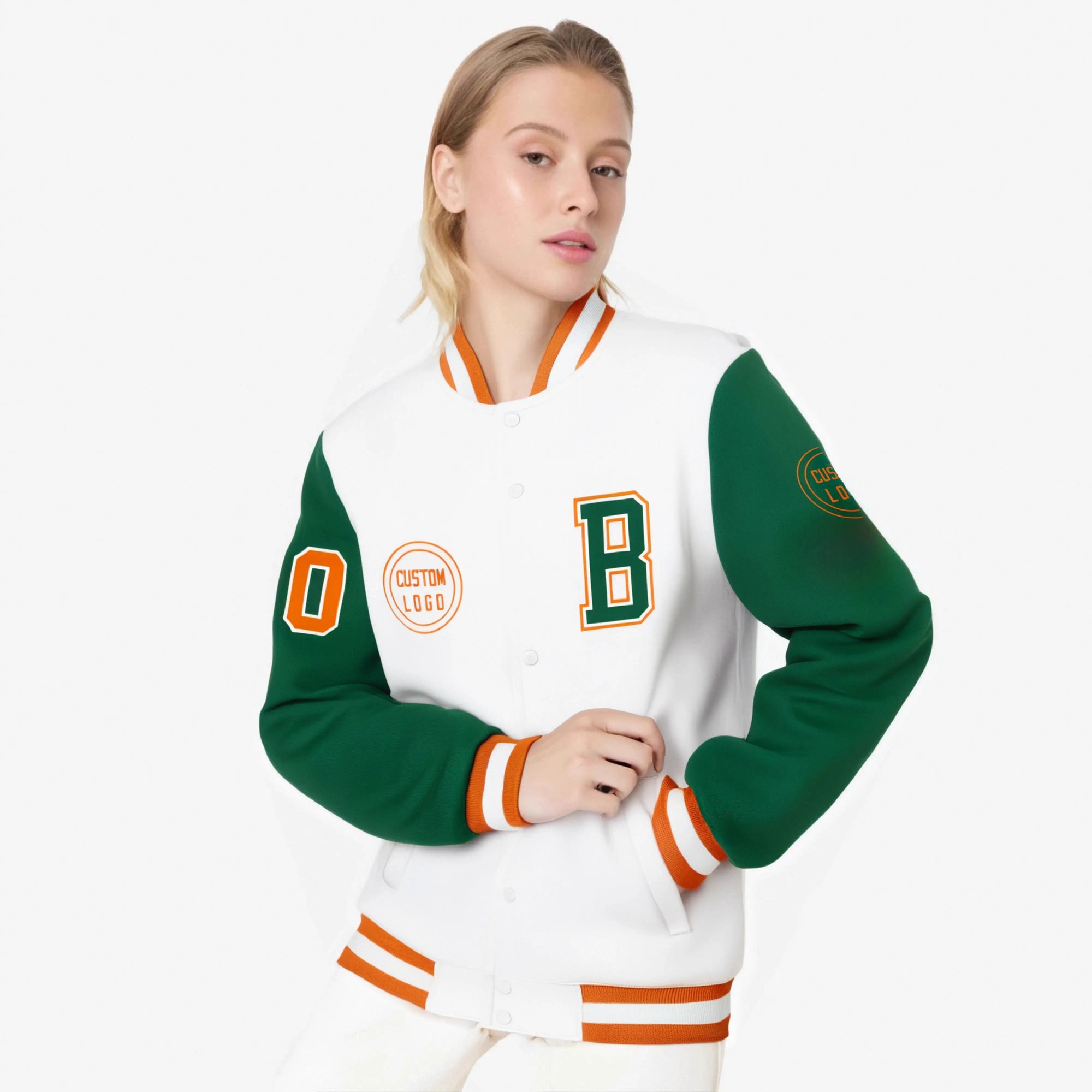 Custom White Green Bomber Full-Snap Varsity Letterman Two Tone Jacket