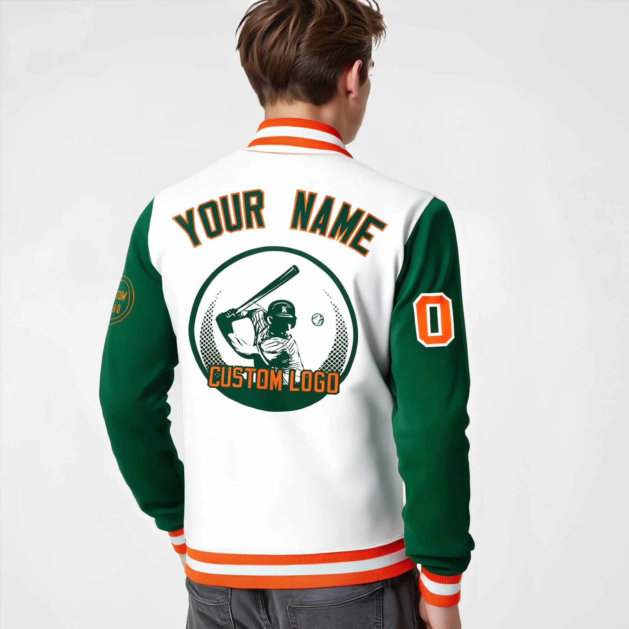 Custom White Green Bomber Full-Snap Varsity Letterman Two Tone Jacket