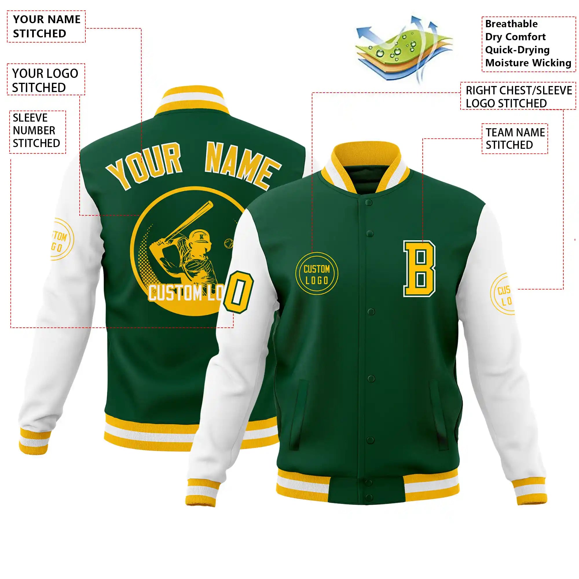 Custom Green White Bomber Full-Snap Varsity Letterman Two Tone Jacket