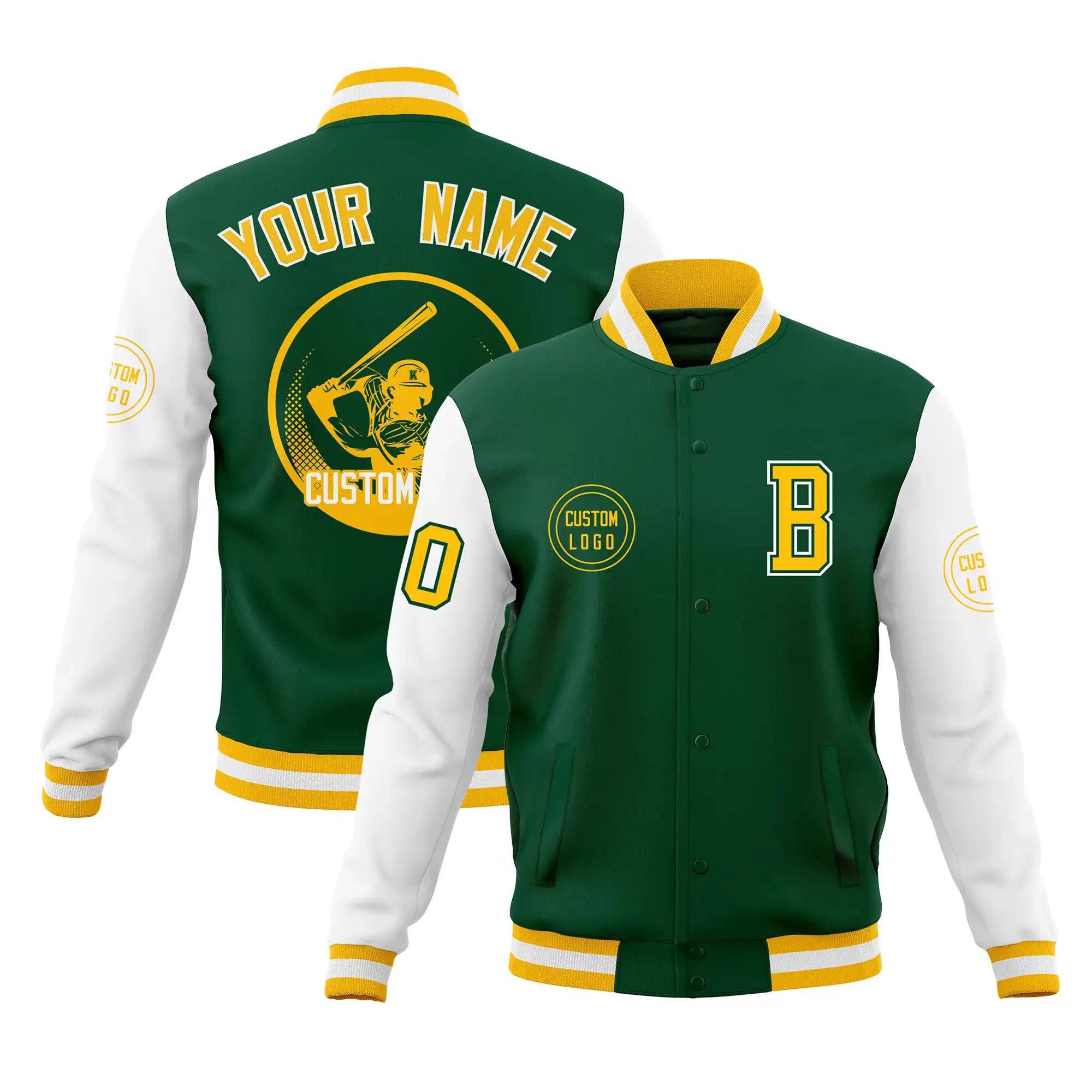 Custom Green White Bomber Full-Snap Varsity Letterman Two Tone Jacket