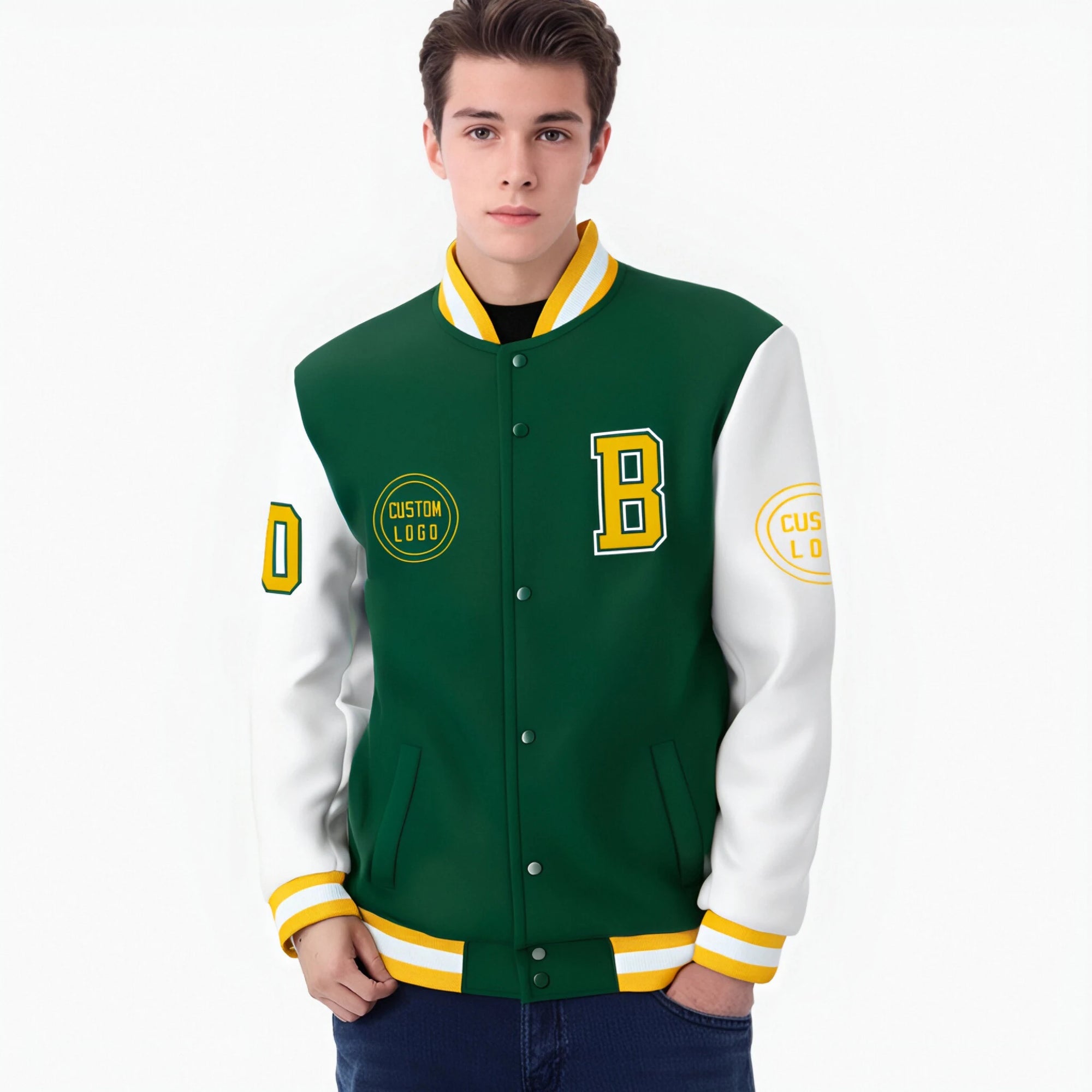 Custom Green White Bomber Full-Snap Varsity Letterman Two Tone Jacket