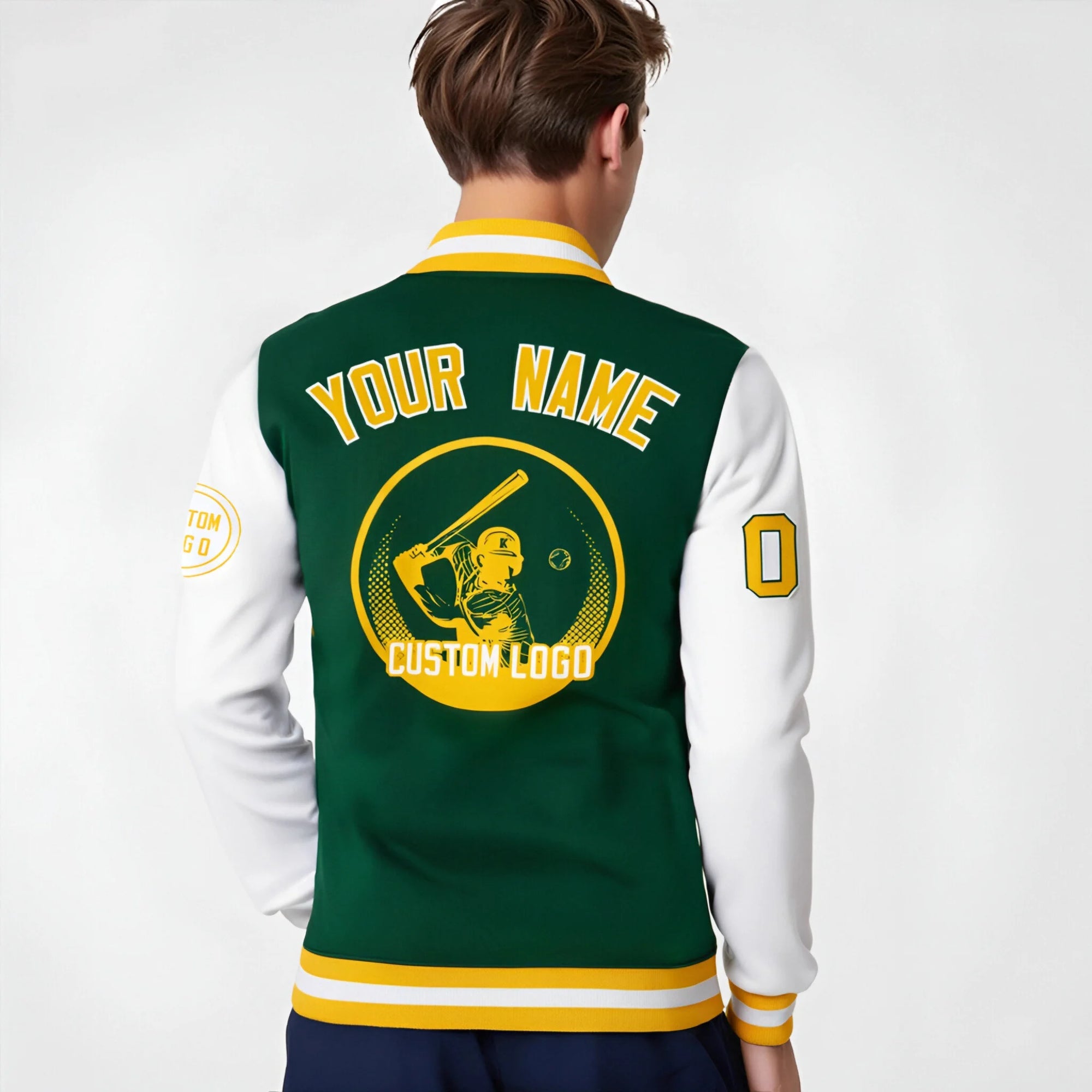 Custom Green White Bomber Full-Snap Varsity Letterman Two Tone Jacket