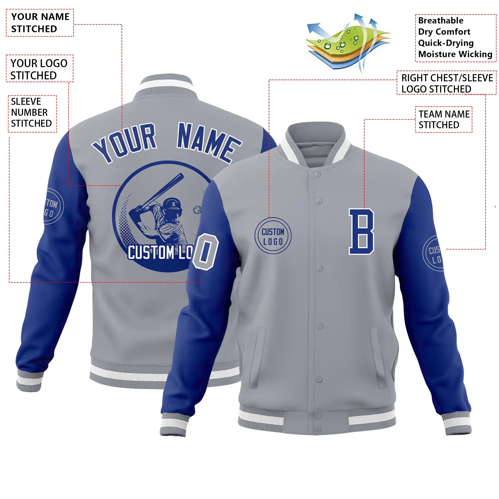 Custom Gray Royal Blue Bomber Full-Snap Varsity Letterman Two Tone Jacket