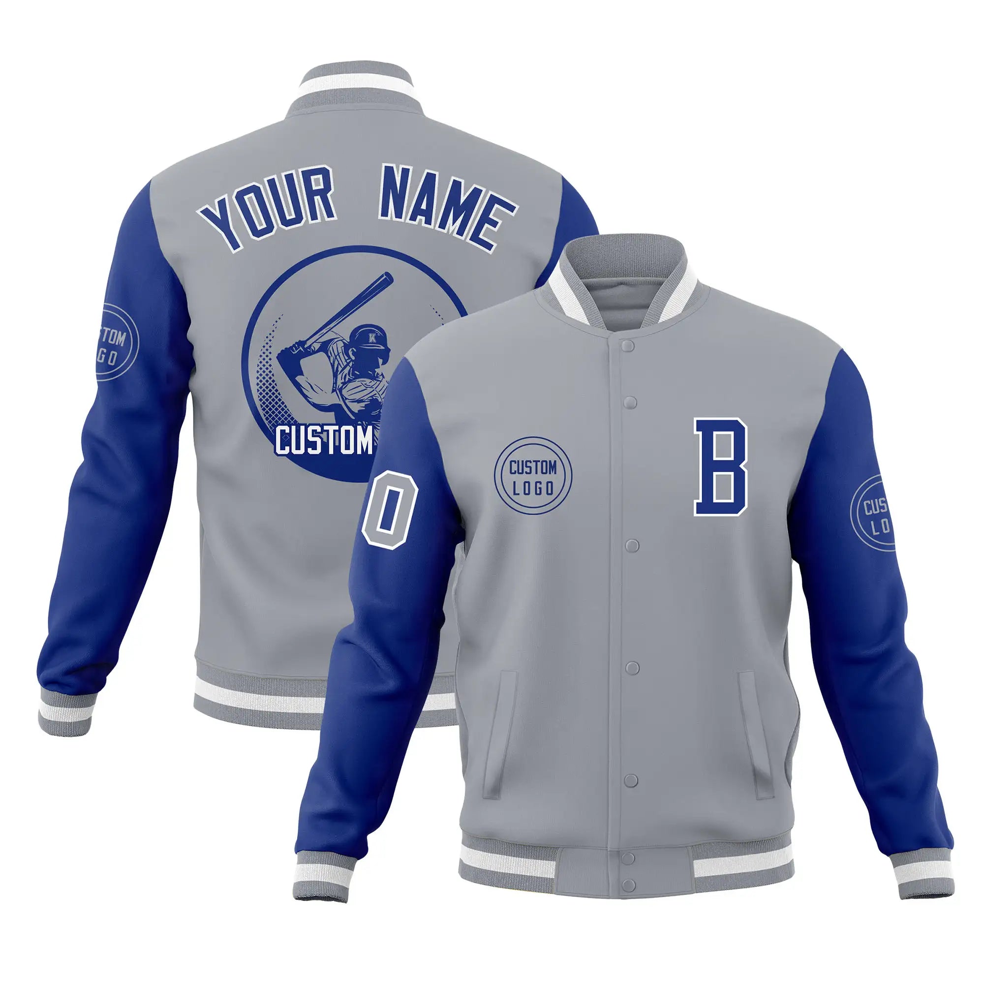 Custom Gray Royal Blue Bomber Full-Snap Varsity Letterman Two Tone Jacket