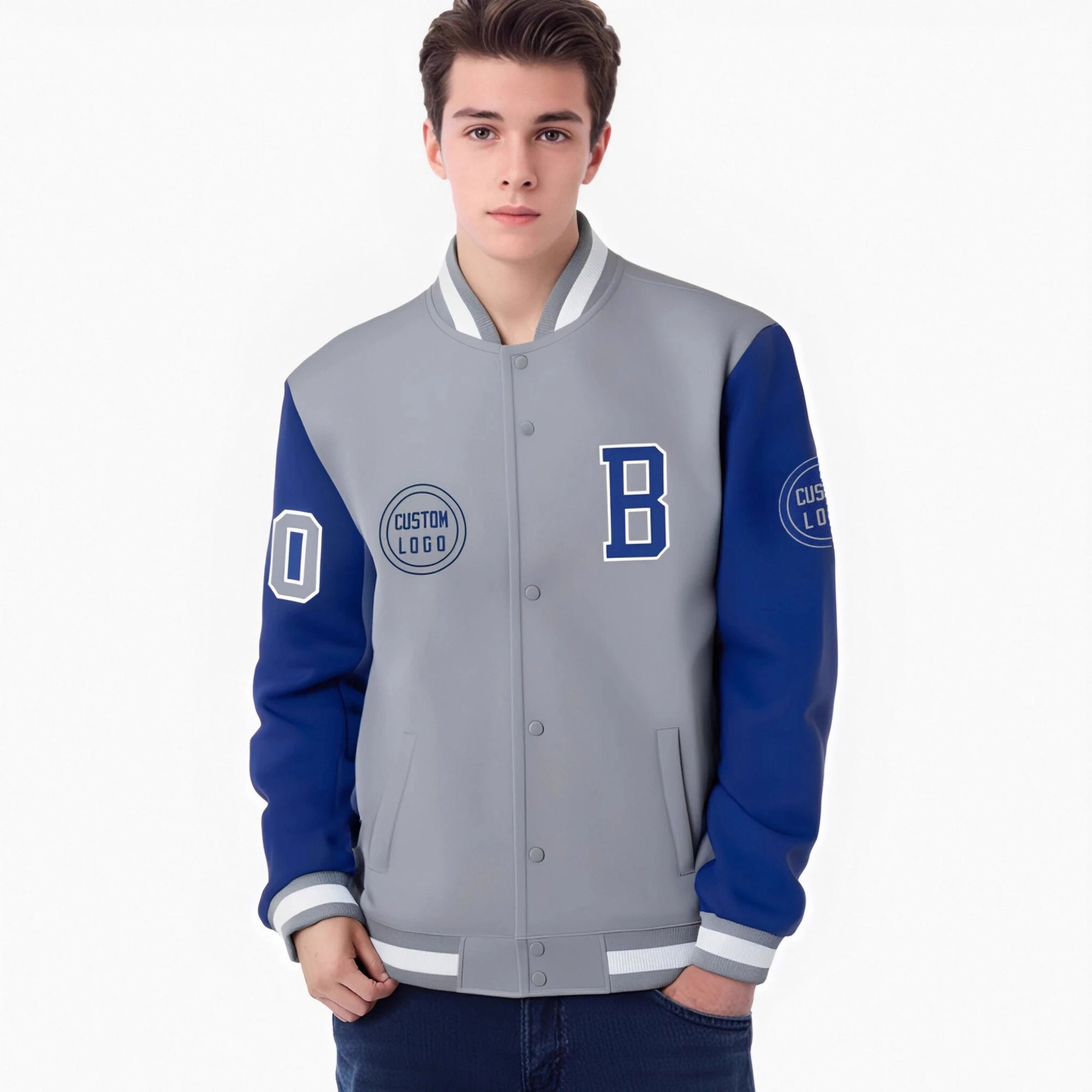 Custom Gray Royal Blue Bomber Full-Snap Varsity Letterman Two Tone Jacket