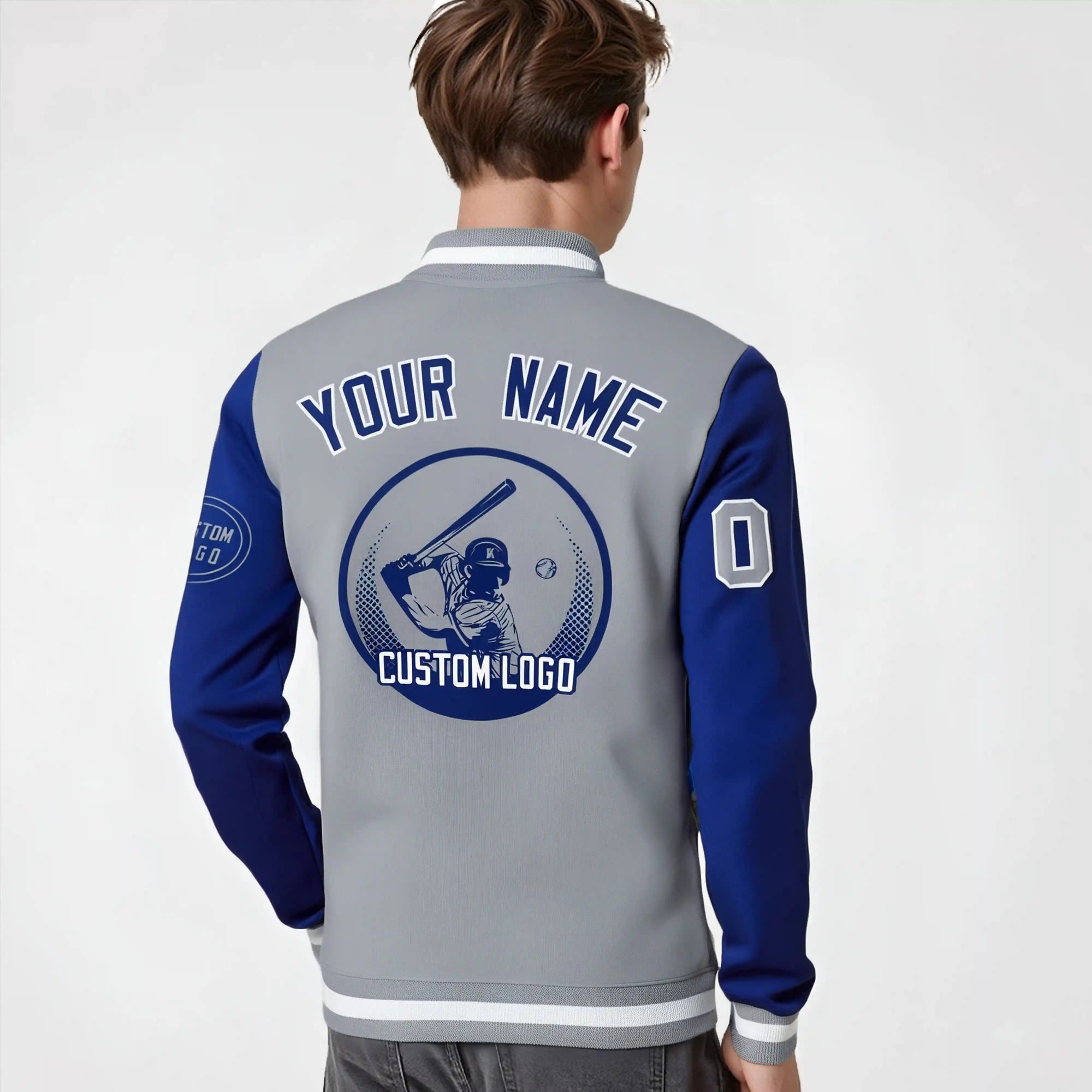 Custom Gray Royal Blue Bomber Full-Snap Varsity Letterman Two Tone Jacket