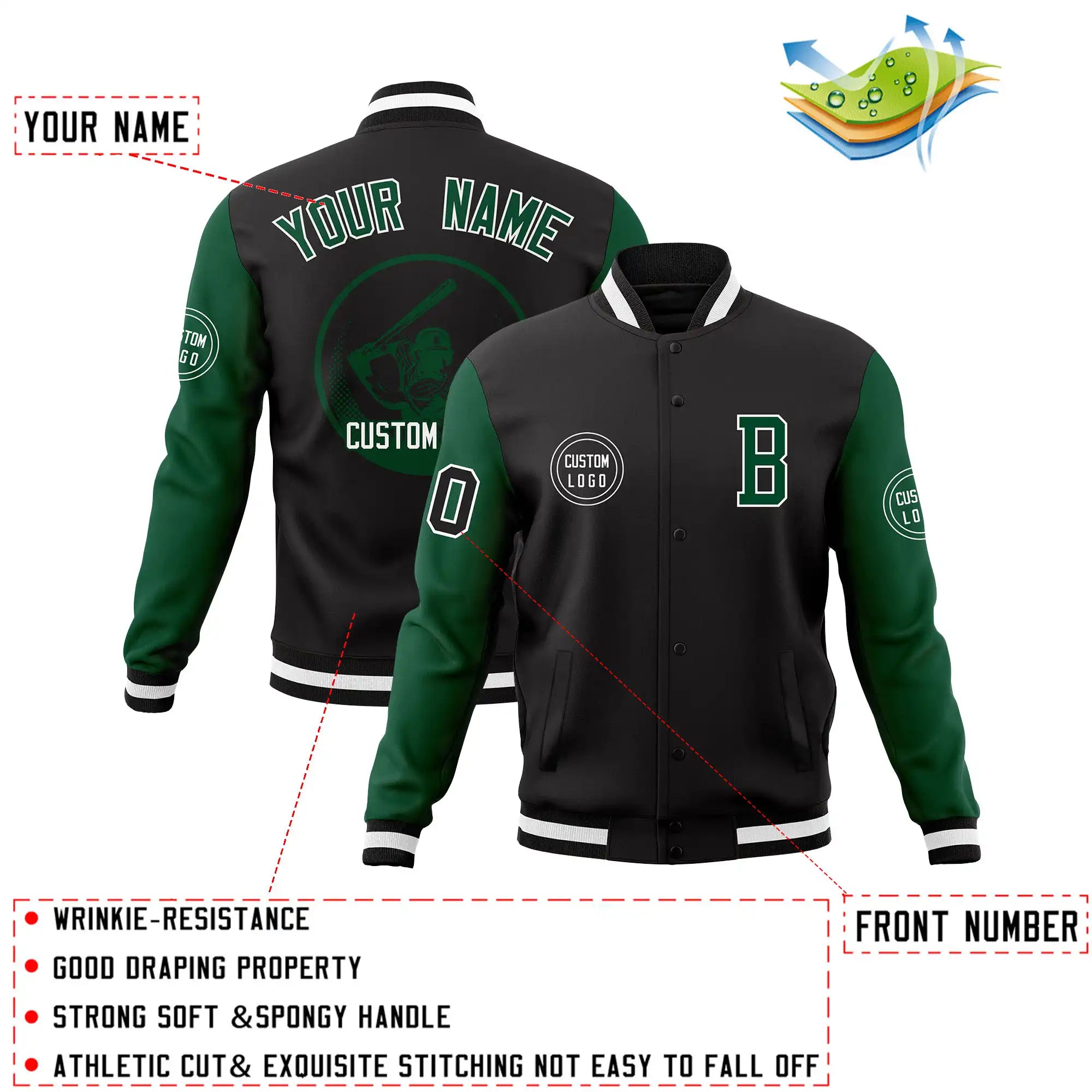 Custom Black Green Bomber Full-Snap Varsity Letterman Two Tone Jacket