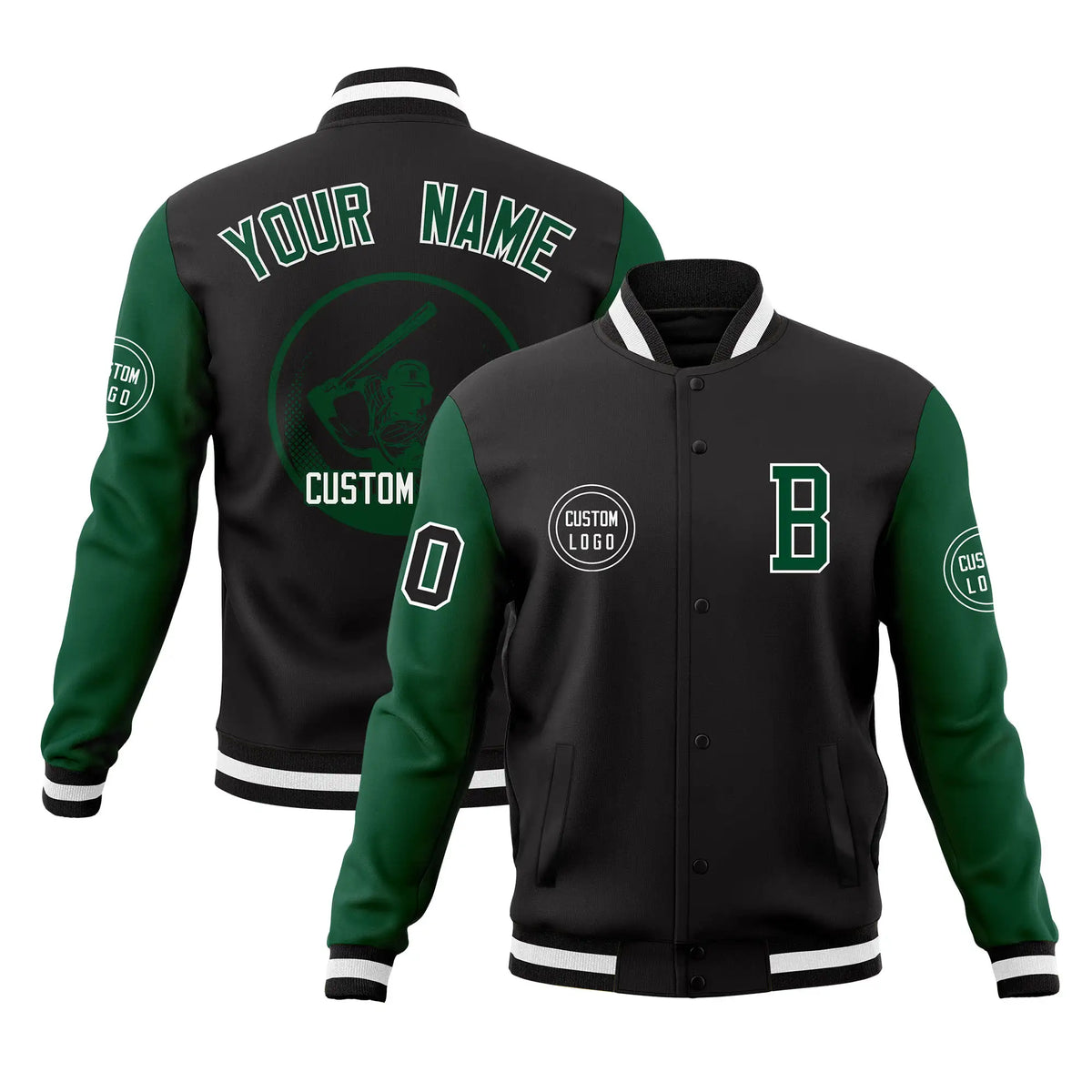 Custom Black Green Bomber Full-Snap Varsity Letterman Two Tone Jacket