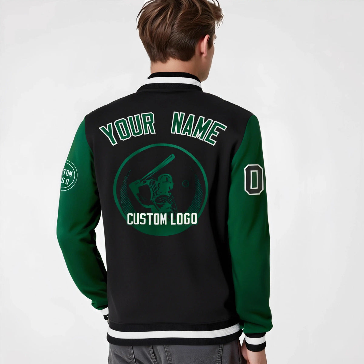 Custom Black Green Bomber Full-Snap Varsity Letterman Two Tone Jacket
