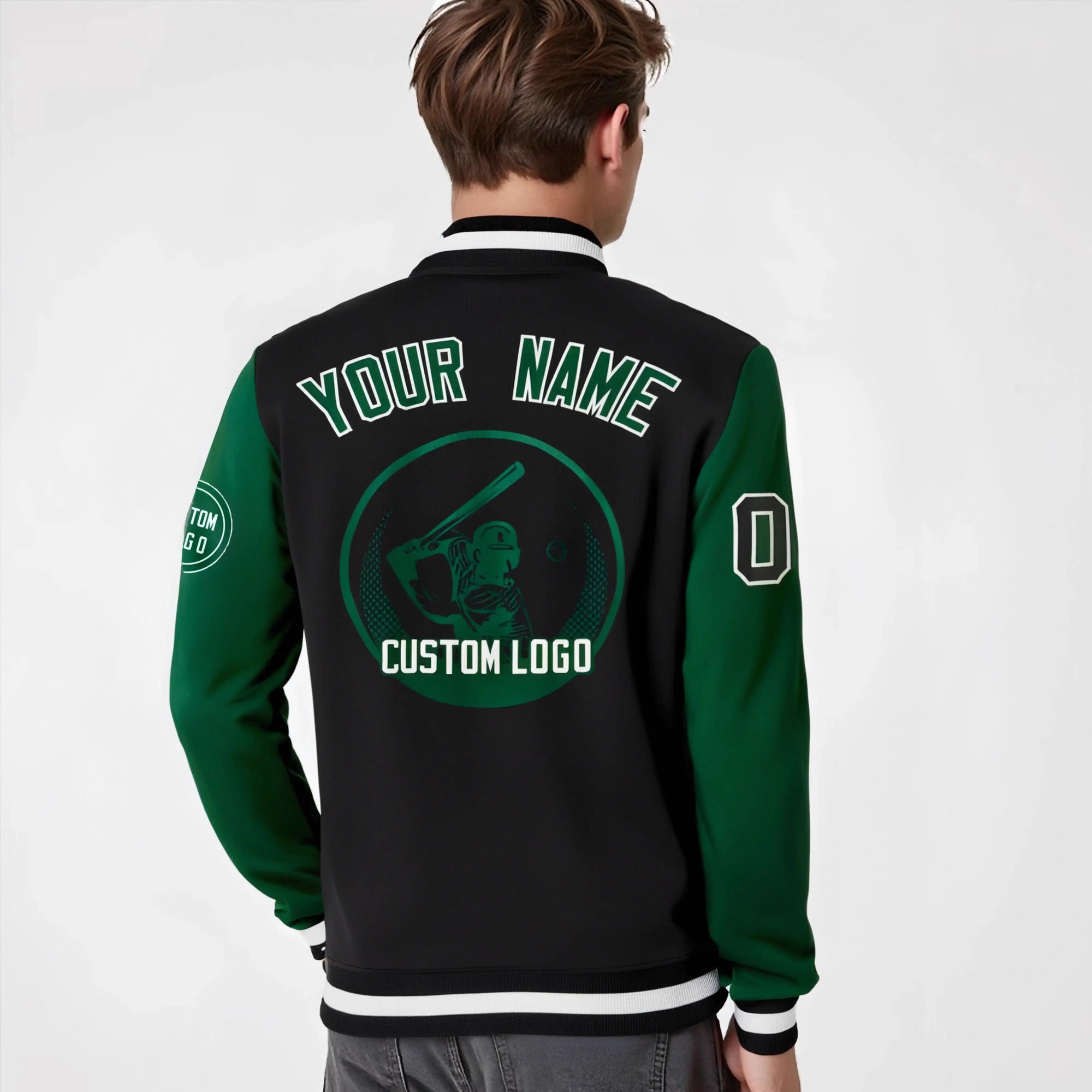 Custom Black Green Bomber Full-Snap Varsity Letterman Two Tone Jacket