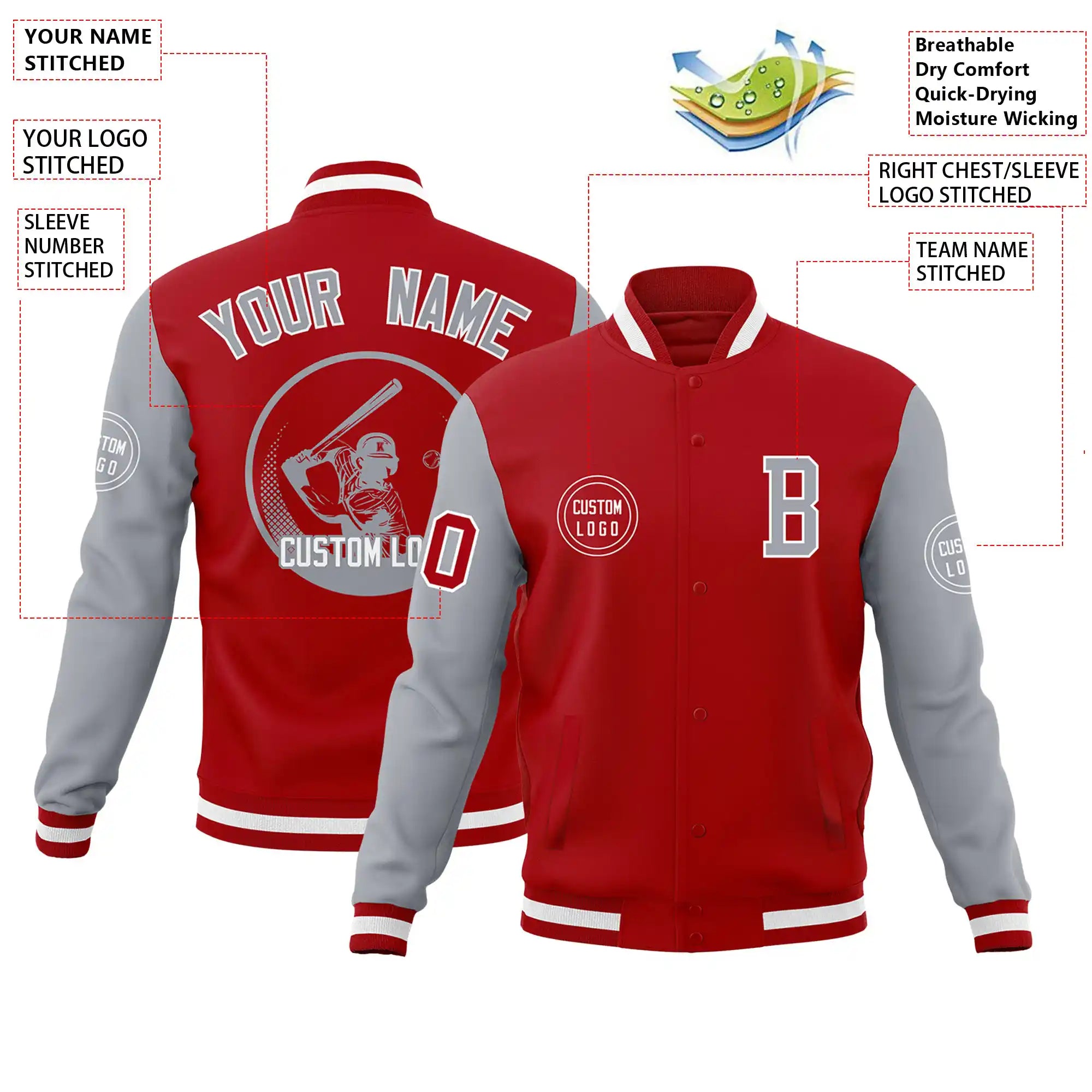 Custom Red Gray Bomber Full-Snap Varsity Letterman Two Tone Jacket