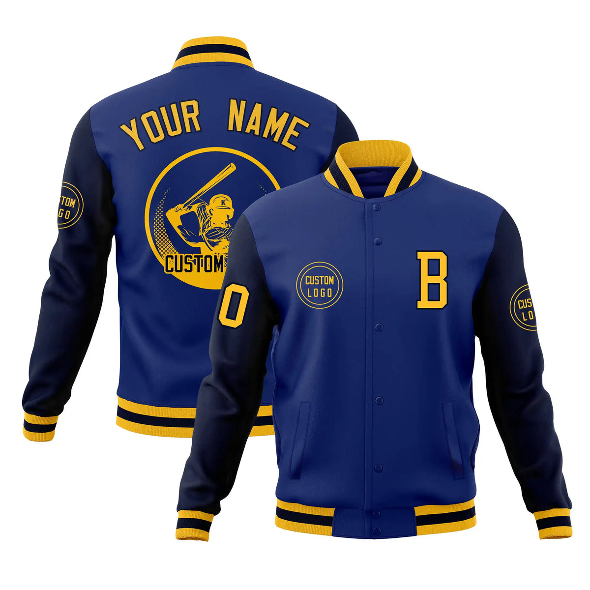 Custom Royal Blue Navy Bomber Full-Snap Varsity Letterman Two Tone Jacket