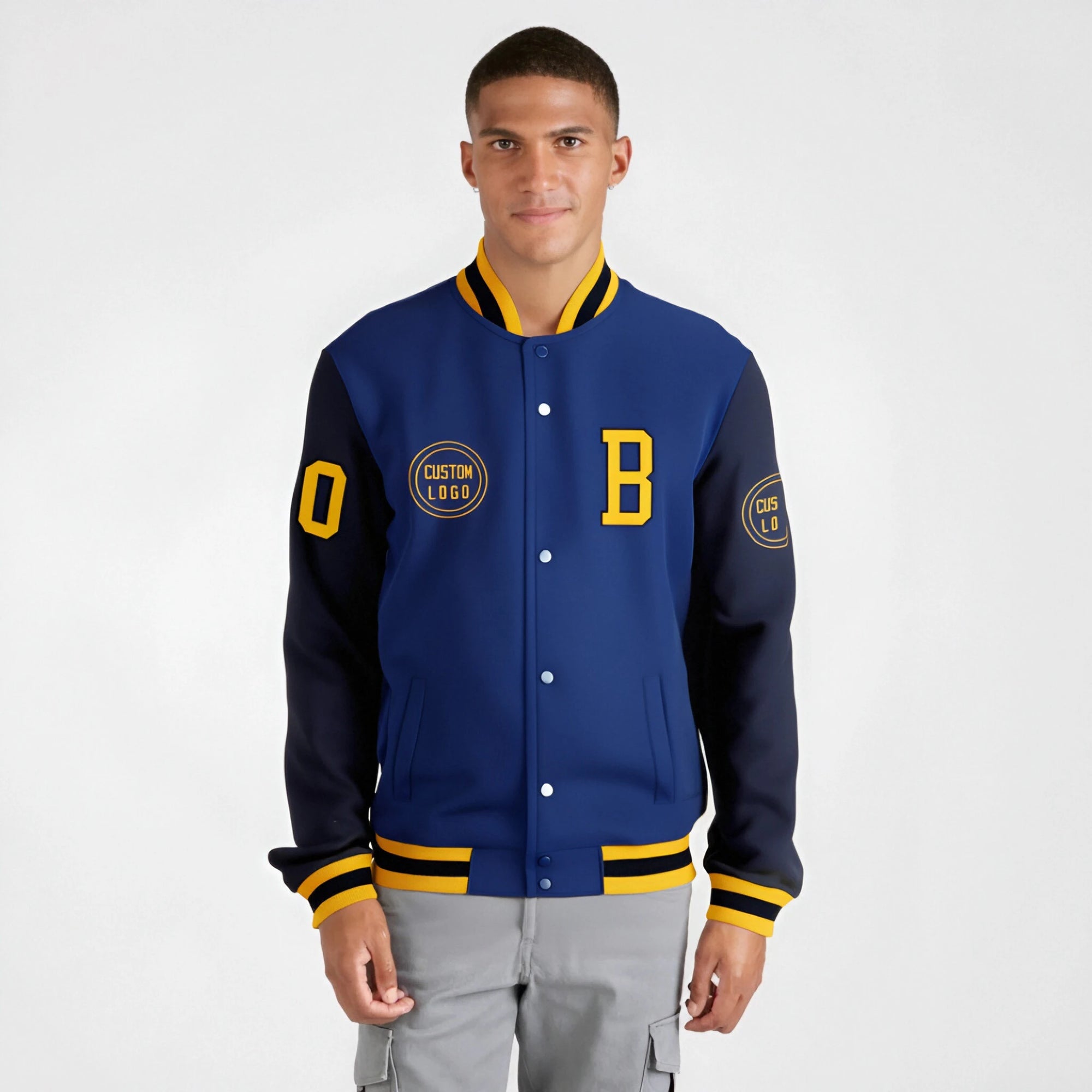 Custom Royal Blue Navy Bomber Full-Snap Varsity Letterman Two Tone Jacket