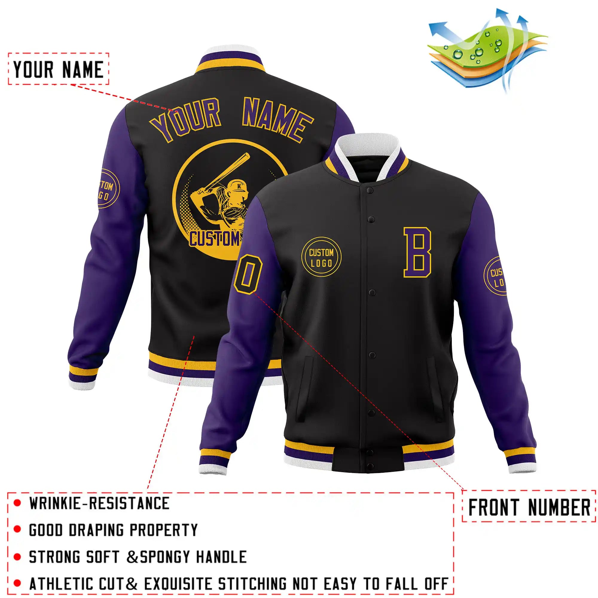 Custom Black Purple Bomber Full-Snap Varsity Letterman Two Tone Jacket