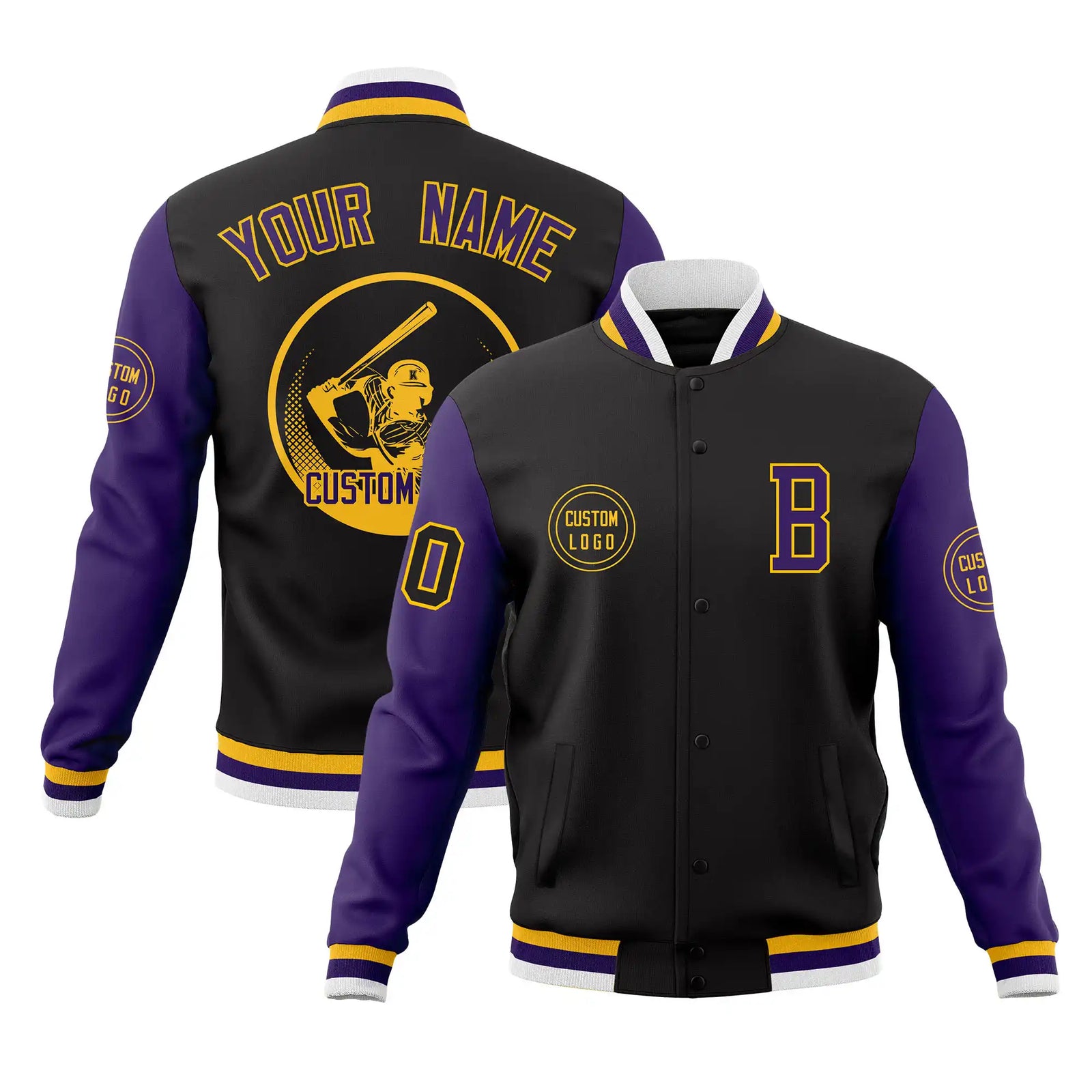 Custom Black Purple Bomber Full-Snap Varsity Letterman Two Tone Jacket