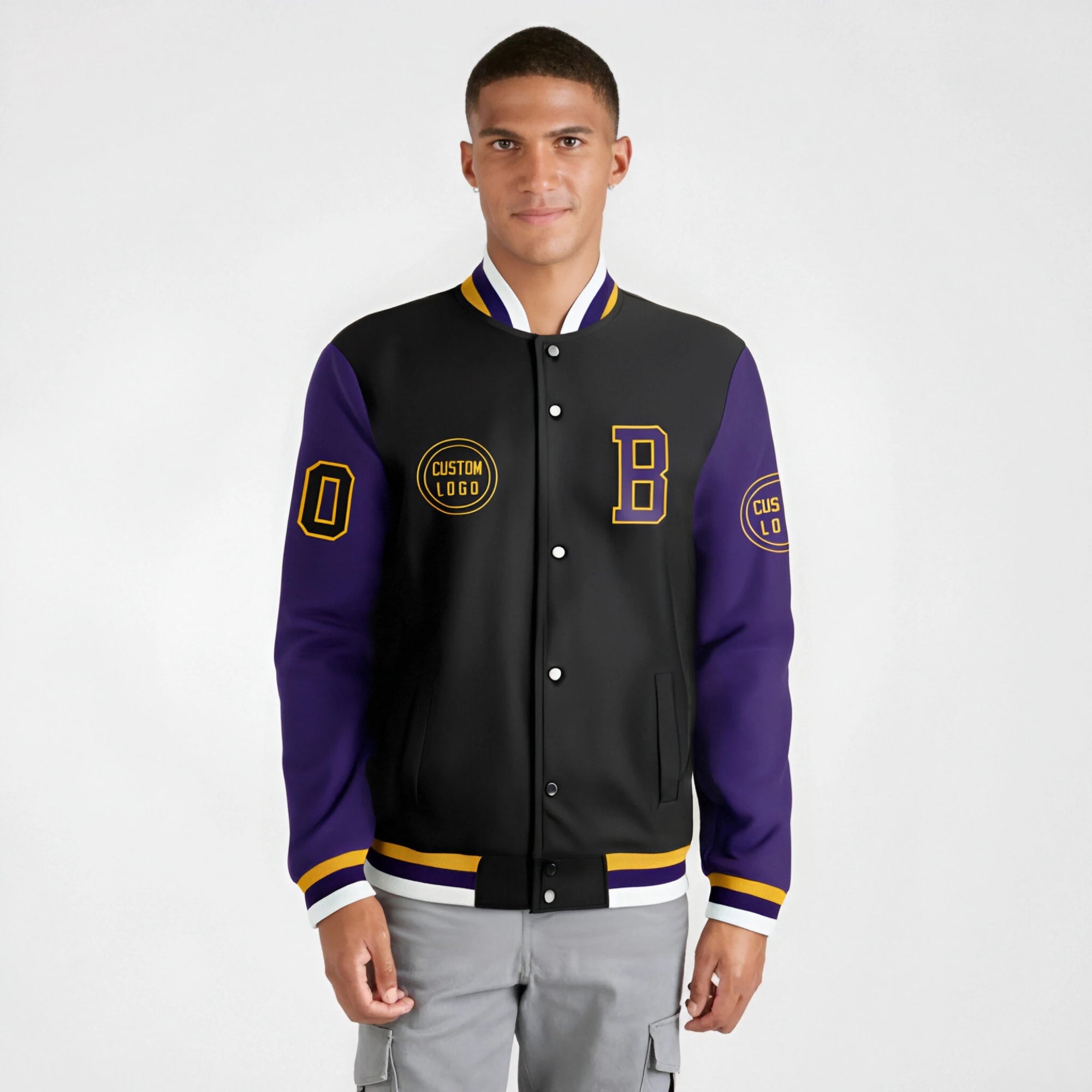 Custom Black Purple Bomber Full-Snap Varsity Letterman Two Tone Jacket