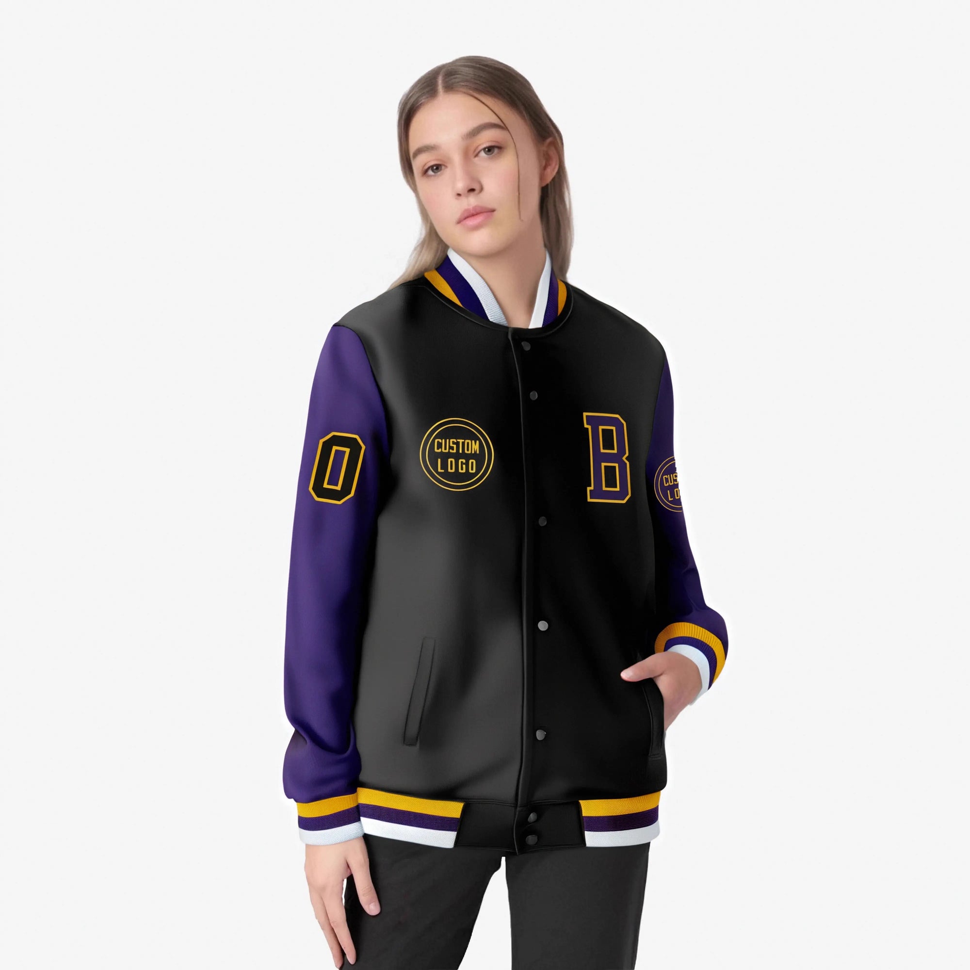 Custom Black Purple Bomber Full-Snap Varsity Letterman Two Tone Jacket