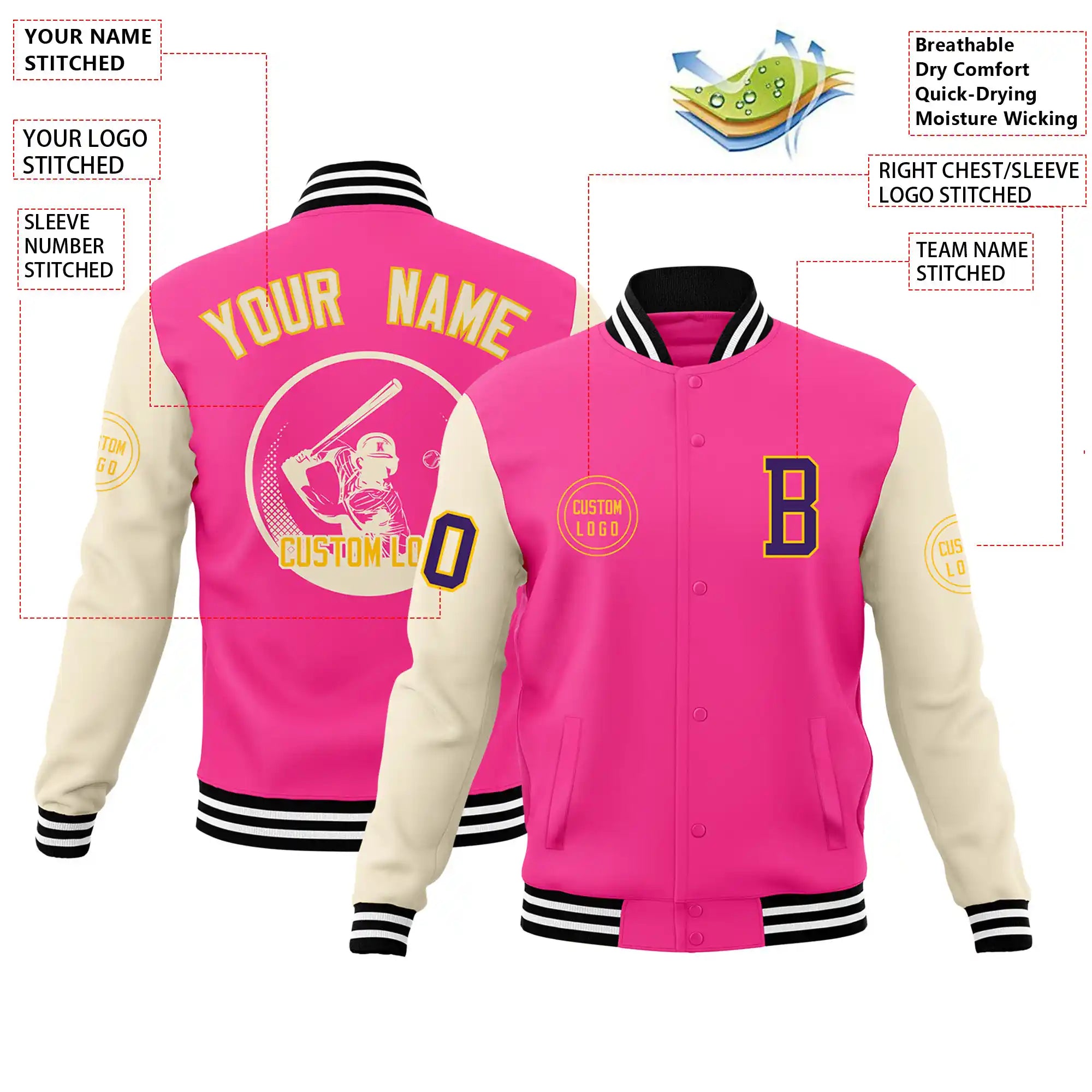 Custom Pink Cream Bomber Full-Snap Varsity Letterman Two Tone Jacket