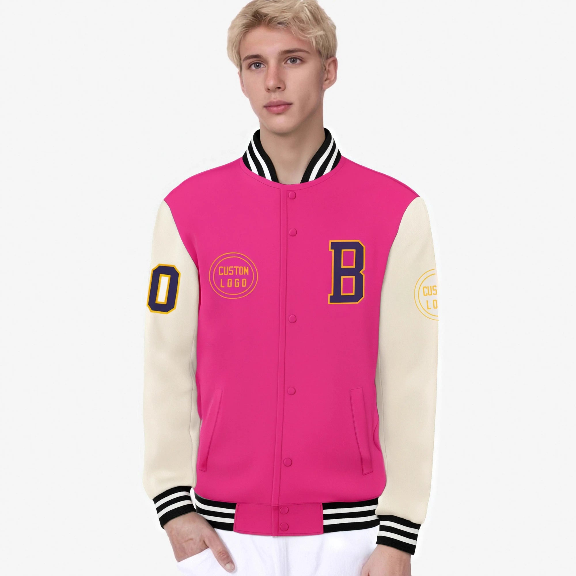 Custom Pink Cream Bomber Full-Snap Varsity Letterman Two Tone Jacket