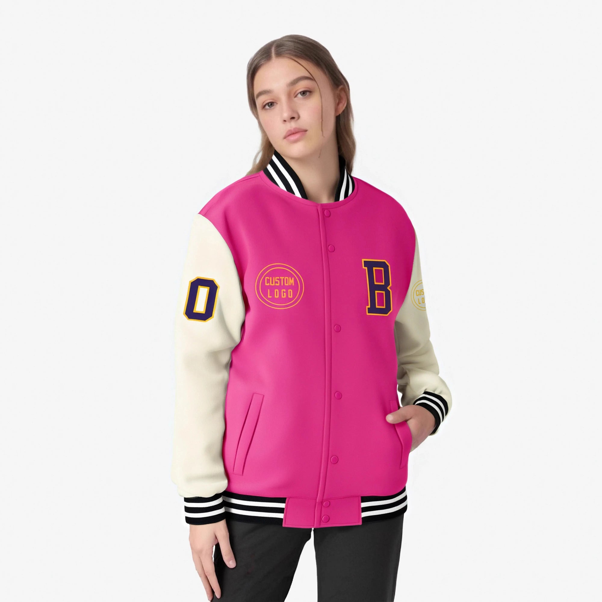 Custom Pink Cream Bomber Full-Snap Varsity Letterman Two Tone Jacket