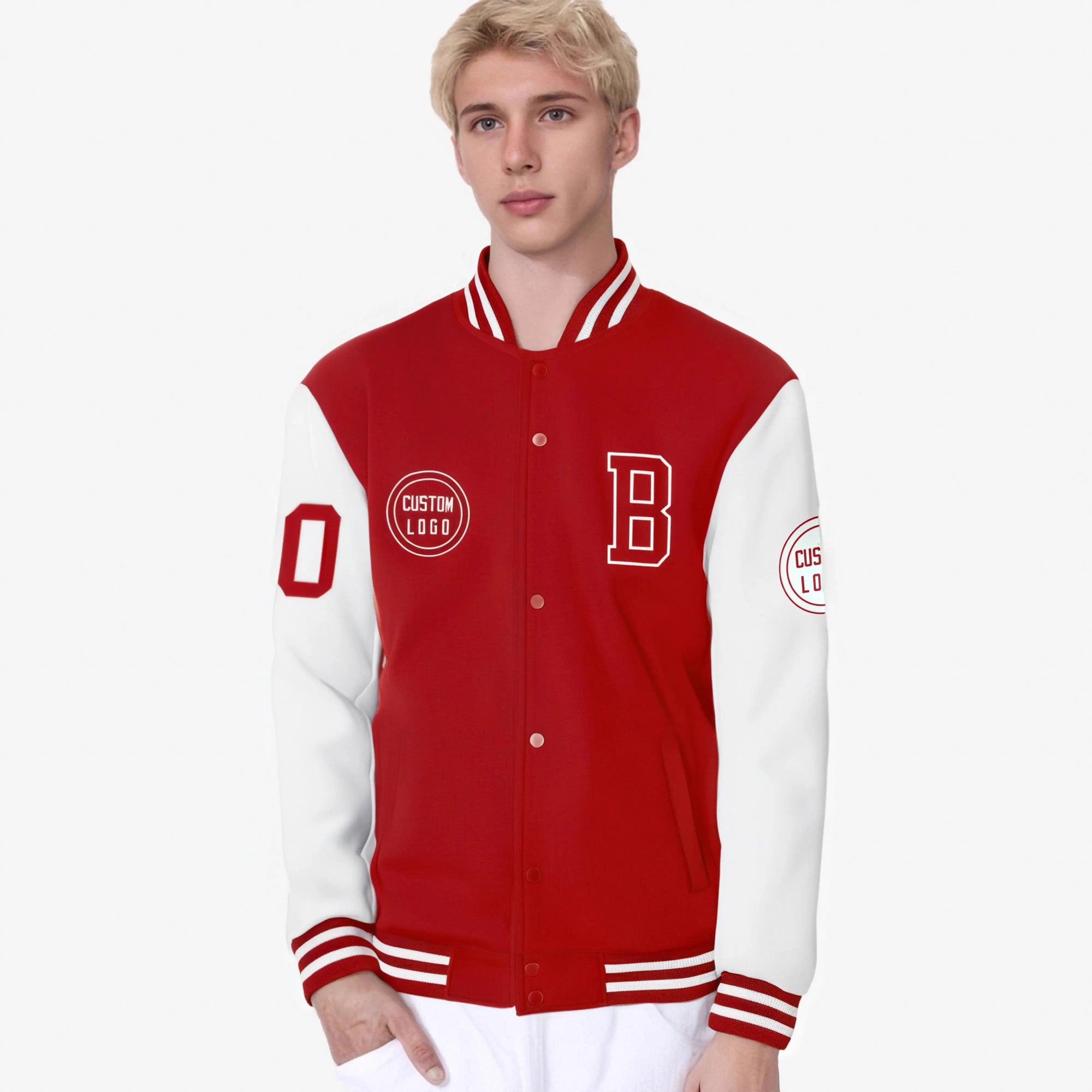 Custom Red White Bomber Full-Snap Varsity Letterman Two Tone Jacket