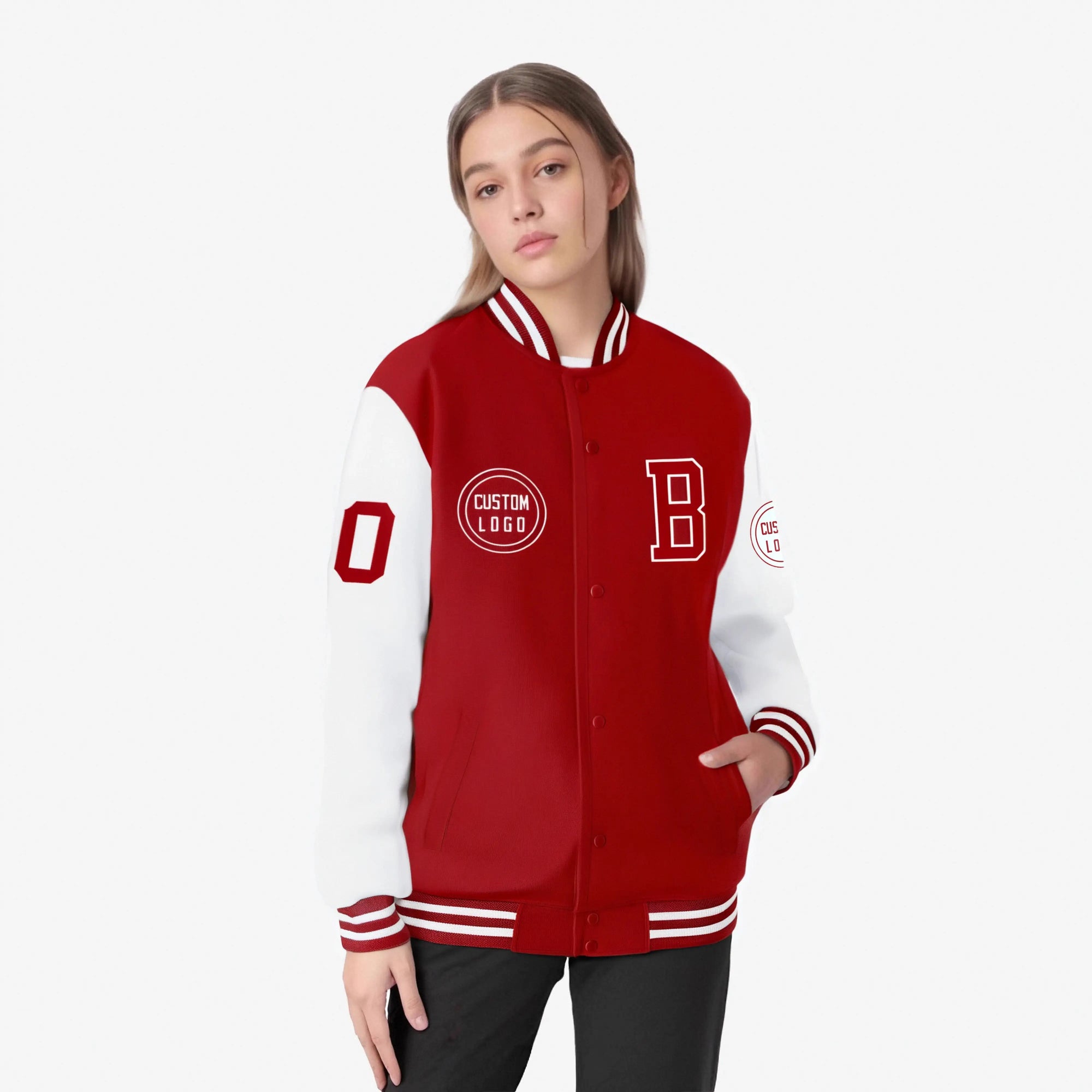 Custom Red White Bomber Full-Snap Varsity Letterman Two Tone Jacket