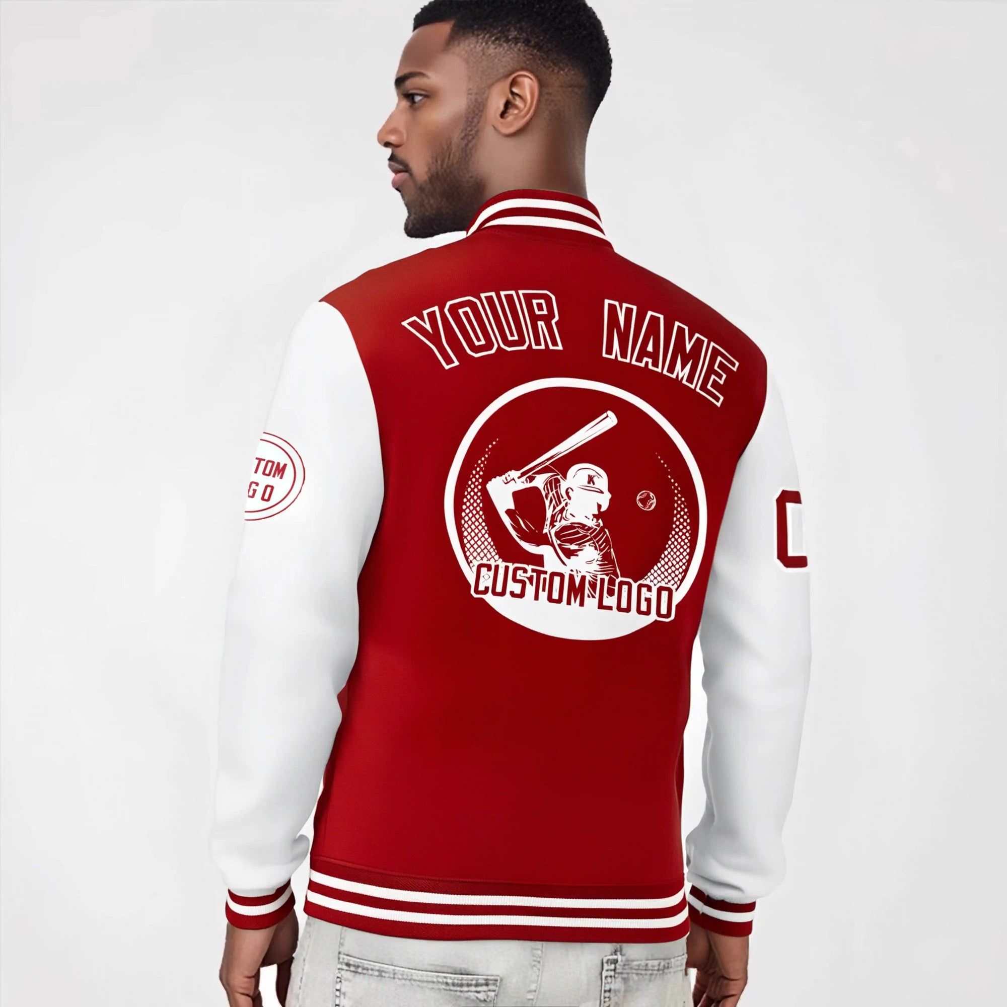 Custom Red White Bomber Full-Snap Varsity Letterman Two Tone Jacket