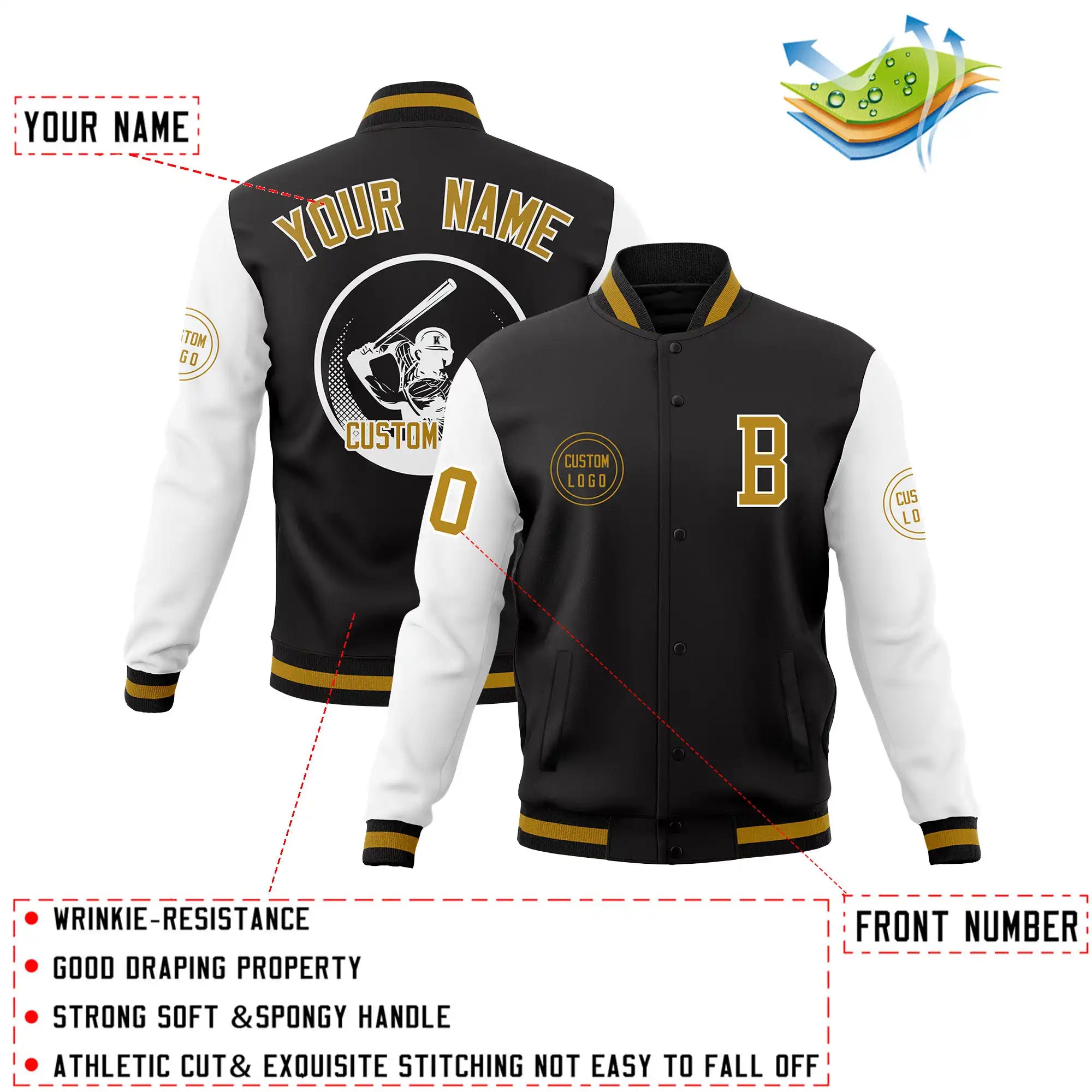 Custom Black White Bomber Full-Snap Varsity Letterman Two Tone Jacket