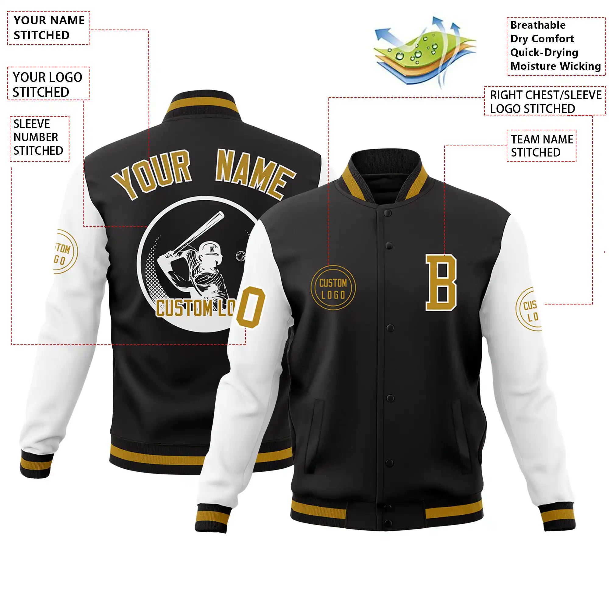 Custom Black White Bomber Full-Snap Varsity Letterman Two Tone Jacket