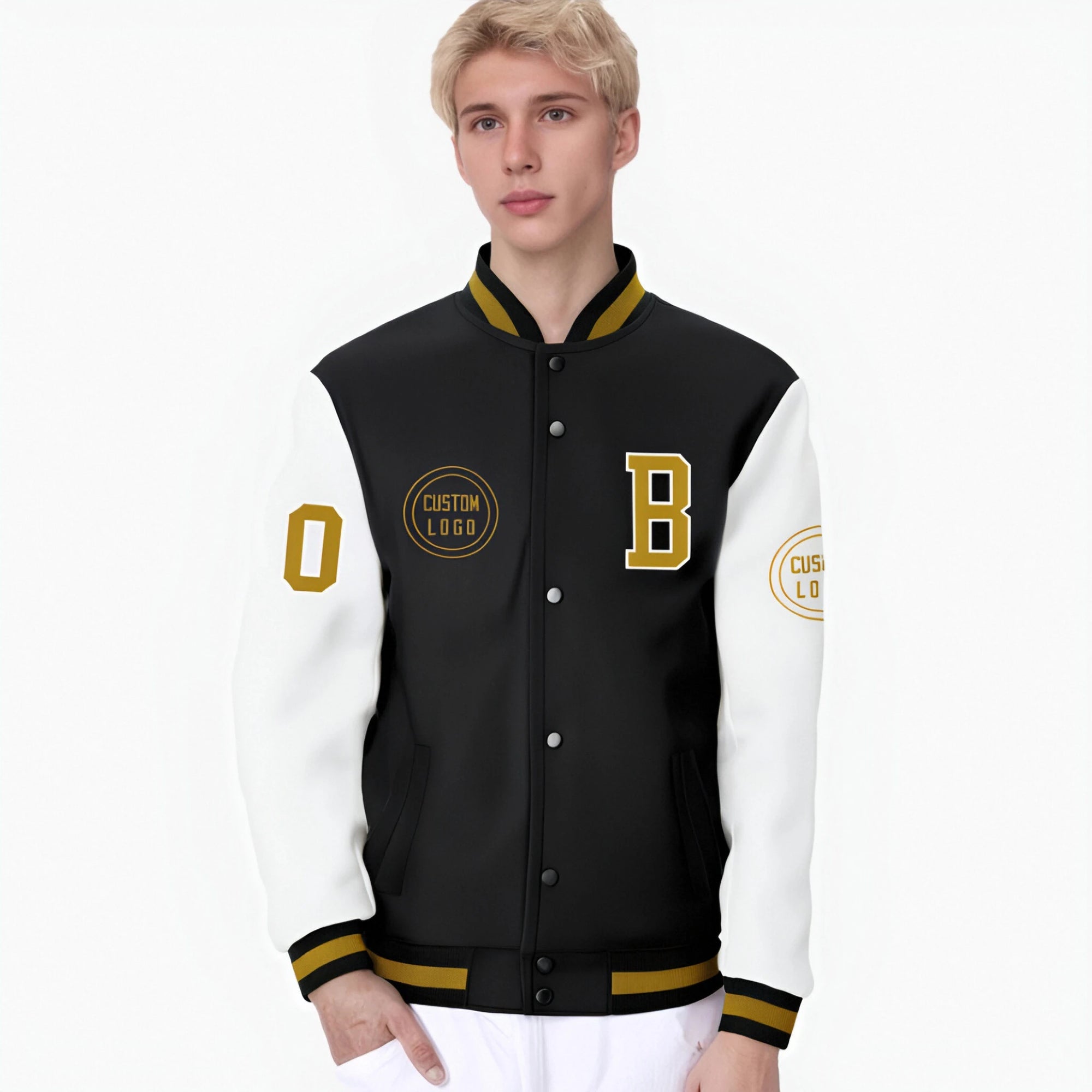 Custom Black White Bomber Full-Snap Varsity Letterman Two Tone Jacket