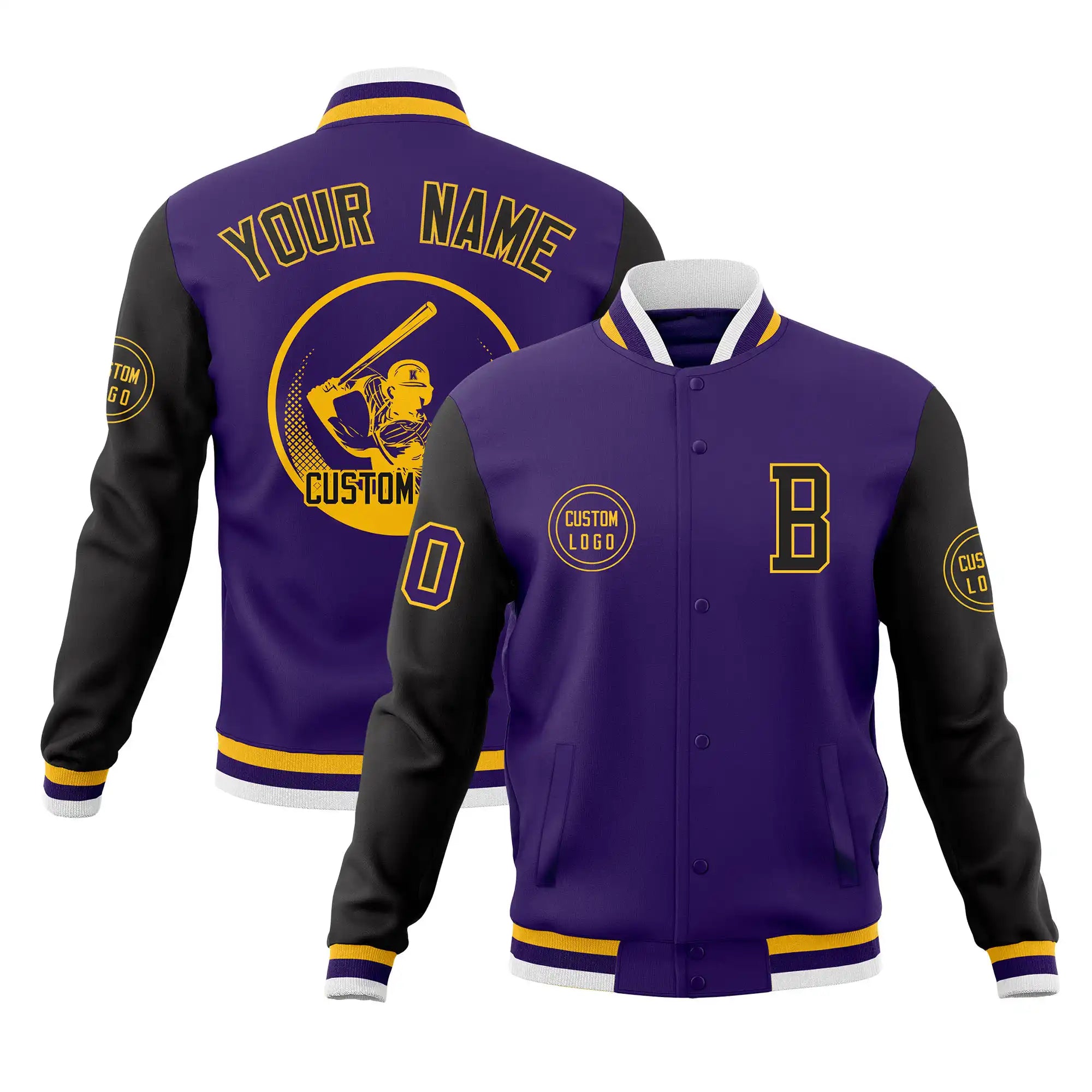 Custom Purple Black Bomber Full-Snap Varsity Letterman Two Tone Jacket