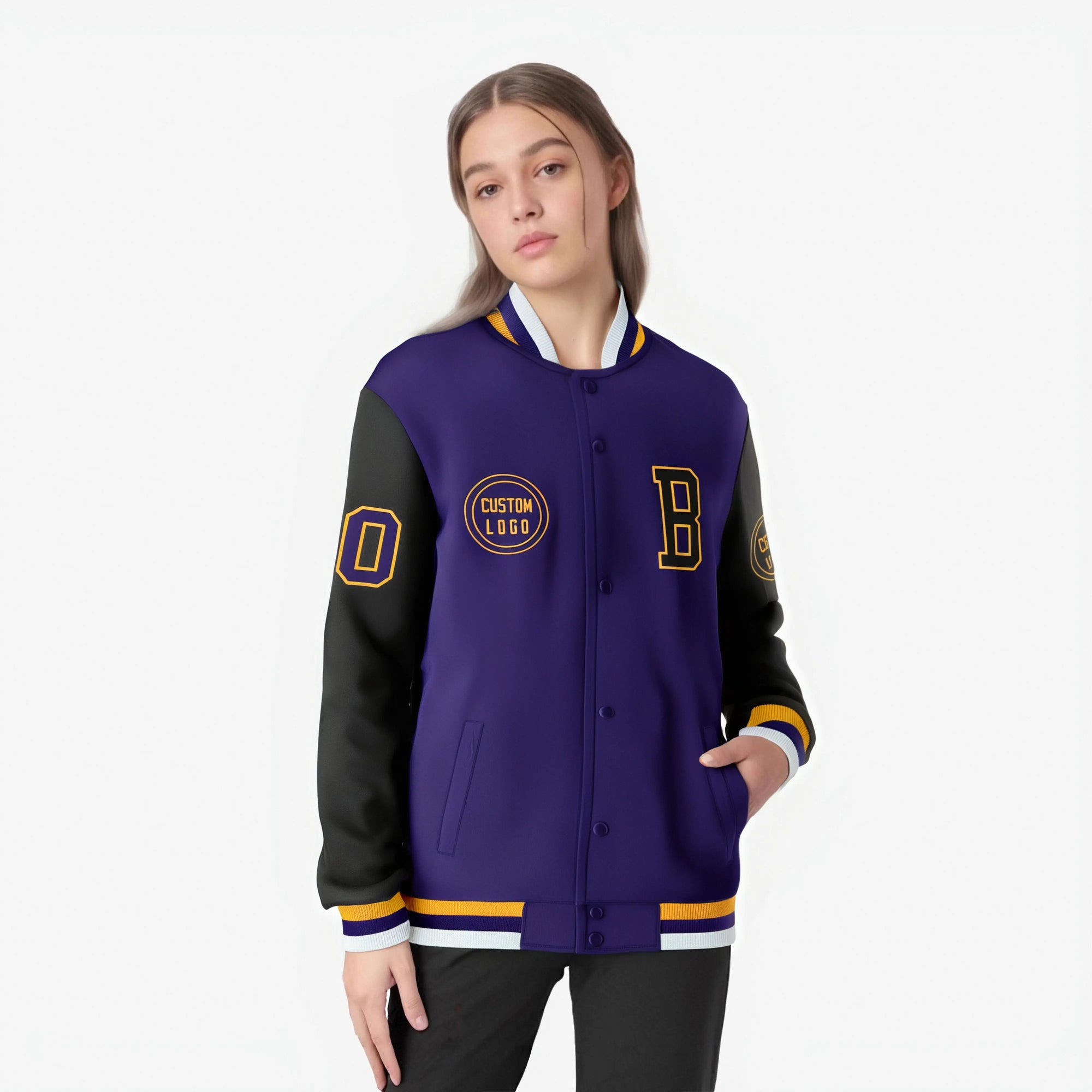 Custom Purple Black Bomber Full-Snap Varsity Letterman Two Tone Jacket