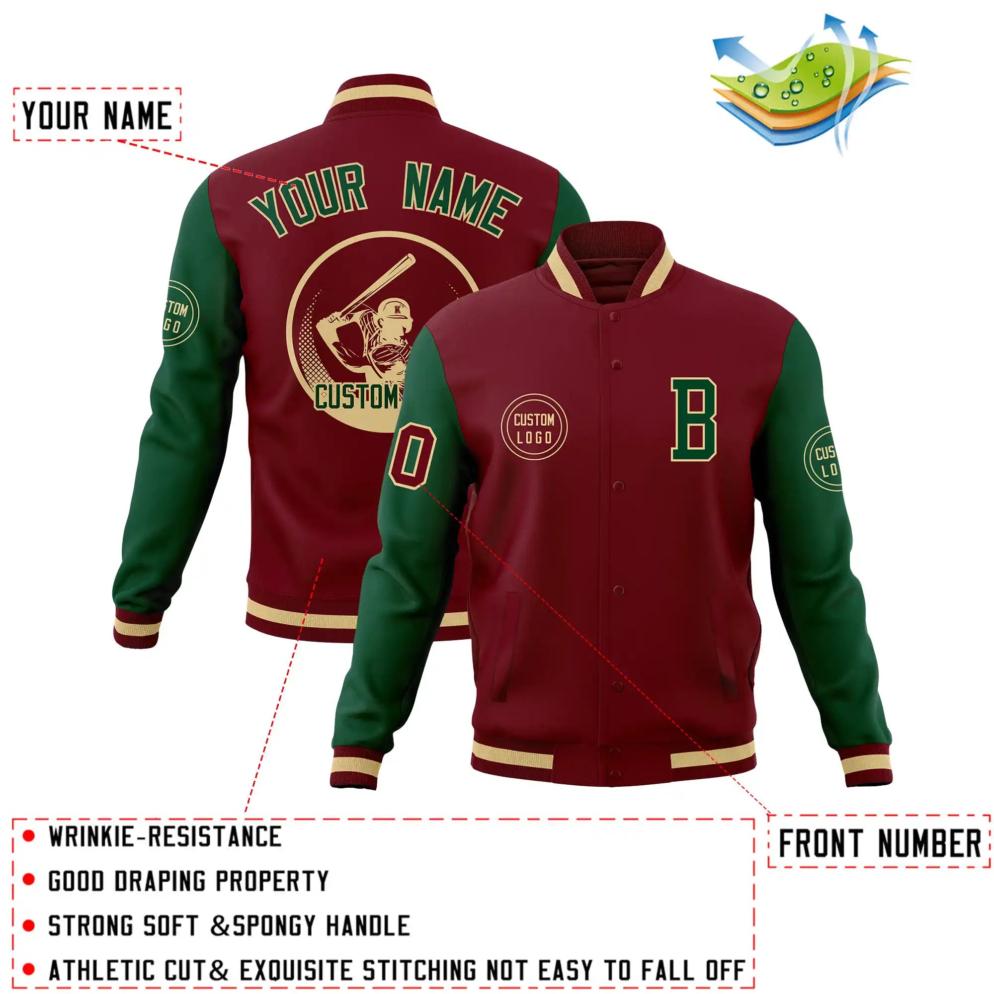 Custom Crimson Green Bomber Full-Snap Varsity Letterman Two Tone Jacket