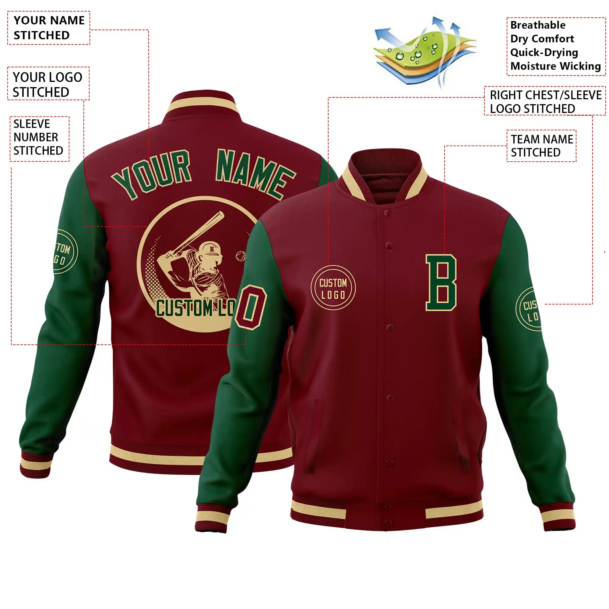 Custom Crimson Green Bomber Full-Snap Varsity Letterman Two Tone Jacket