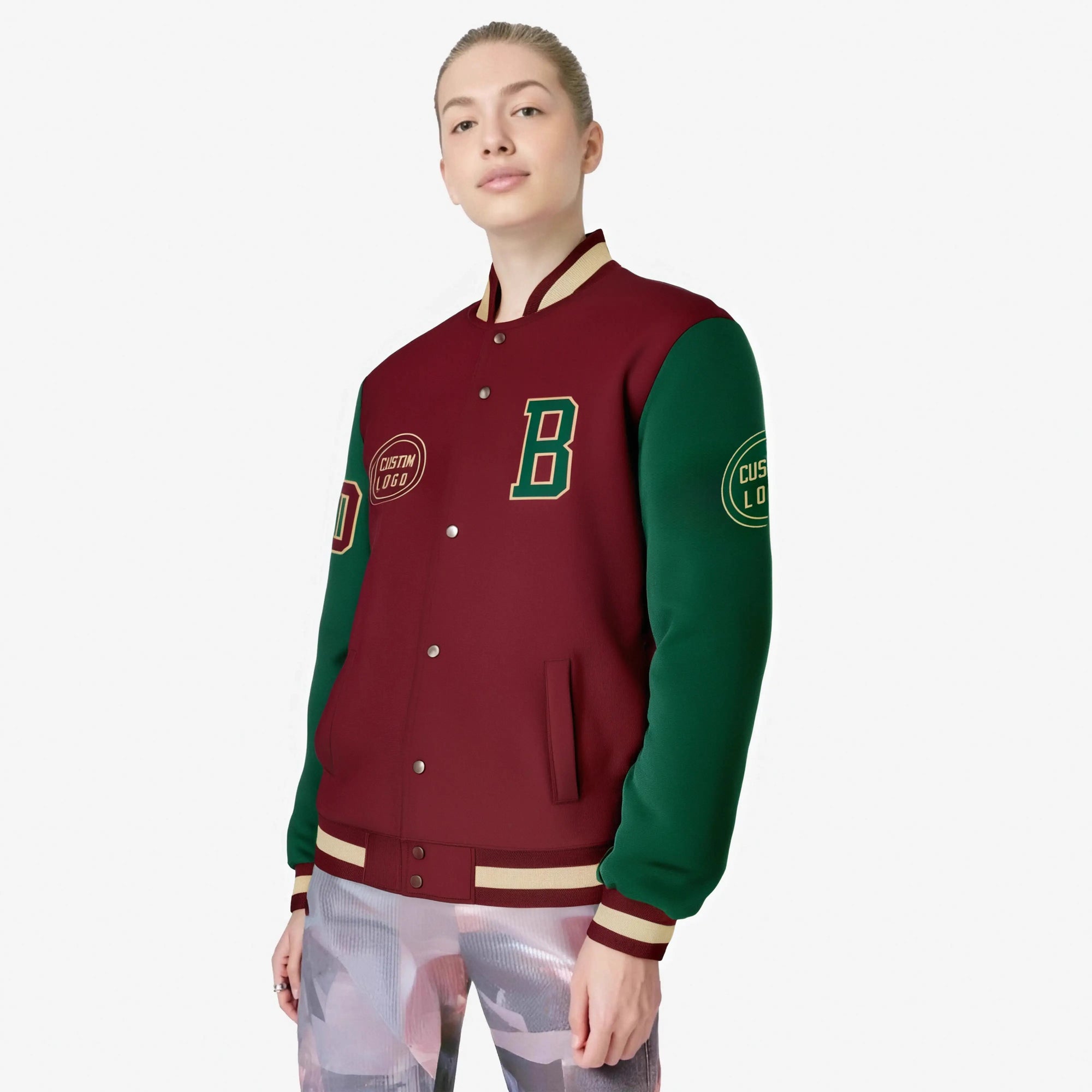 Custom Crimson Green Bomber Full-Snap Varsity Letterman Two Tone Jacket