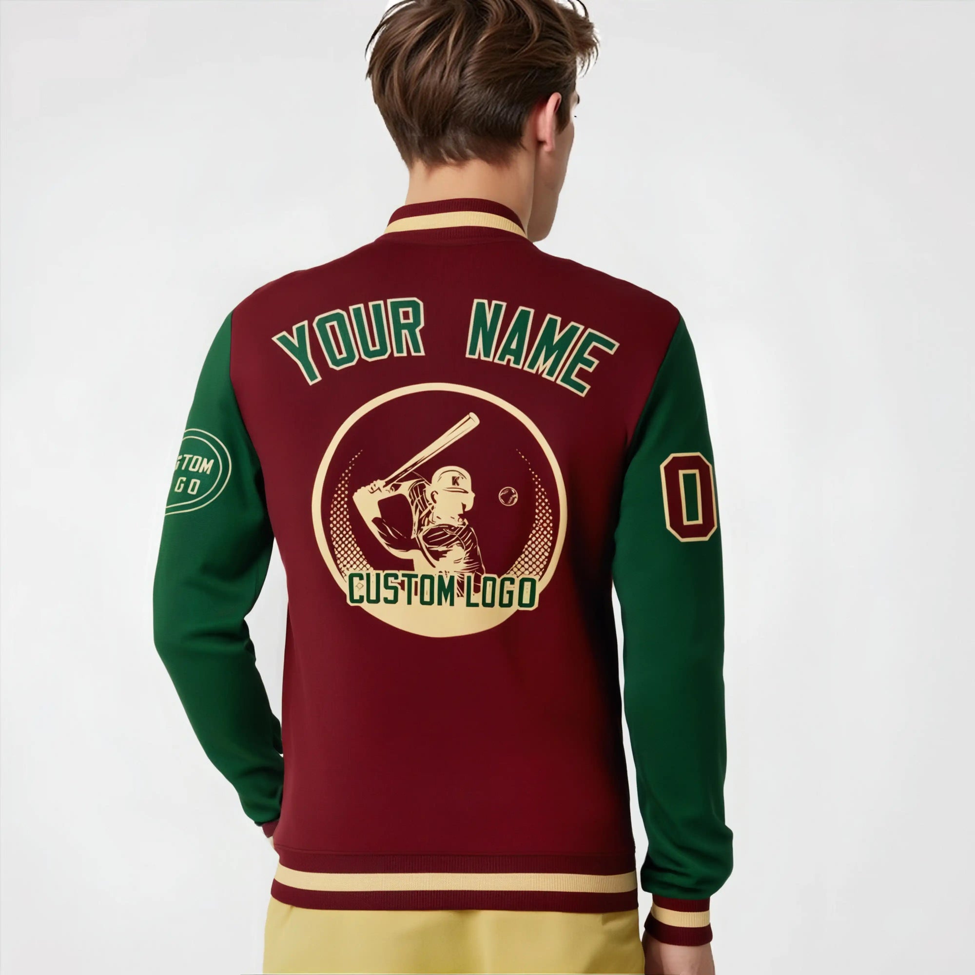 Custom Crimson Green Bomber Full-Snap Varsity Letterman Two Tone Jacket