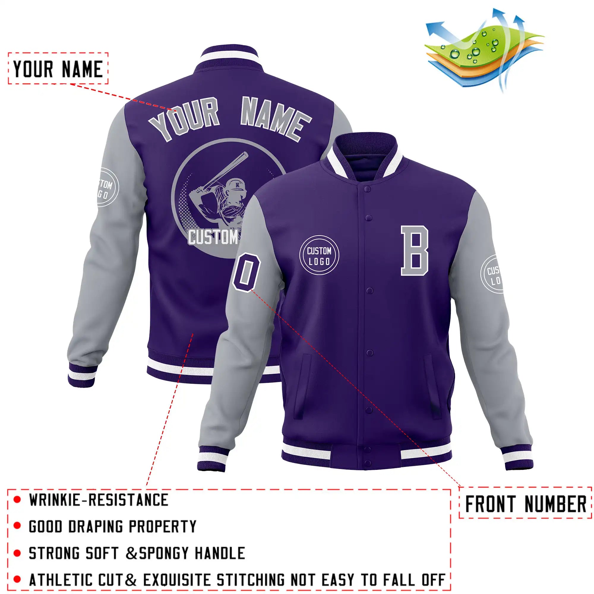 Custom Purple Gray Bomber Full-Snap Varsity Letterman Two Tone Jacket